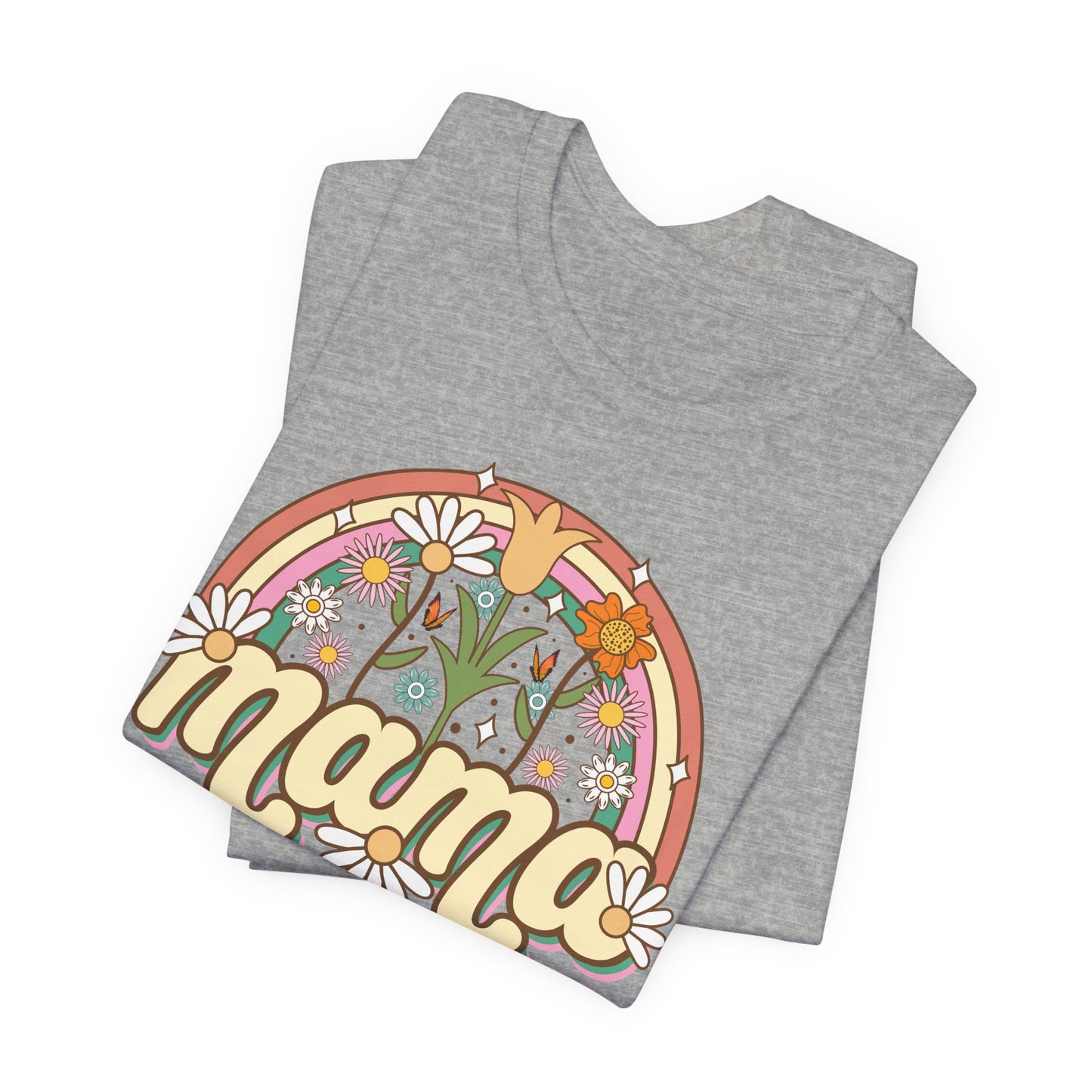 🌼🌈 Retro Floral Mama T-Shirt – Boho Rainbow Graphic Tee for Moms 🌻✨