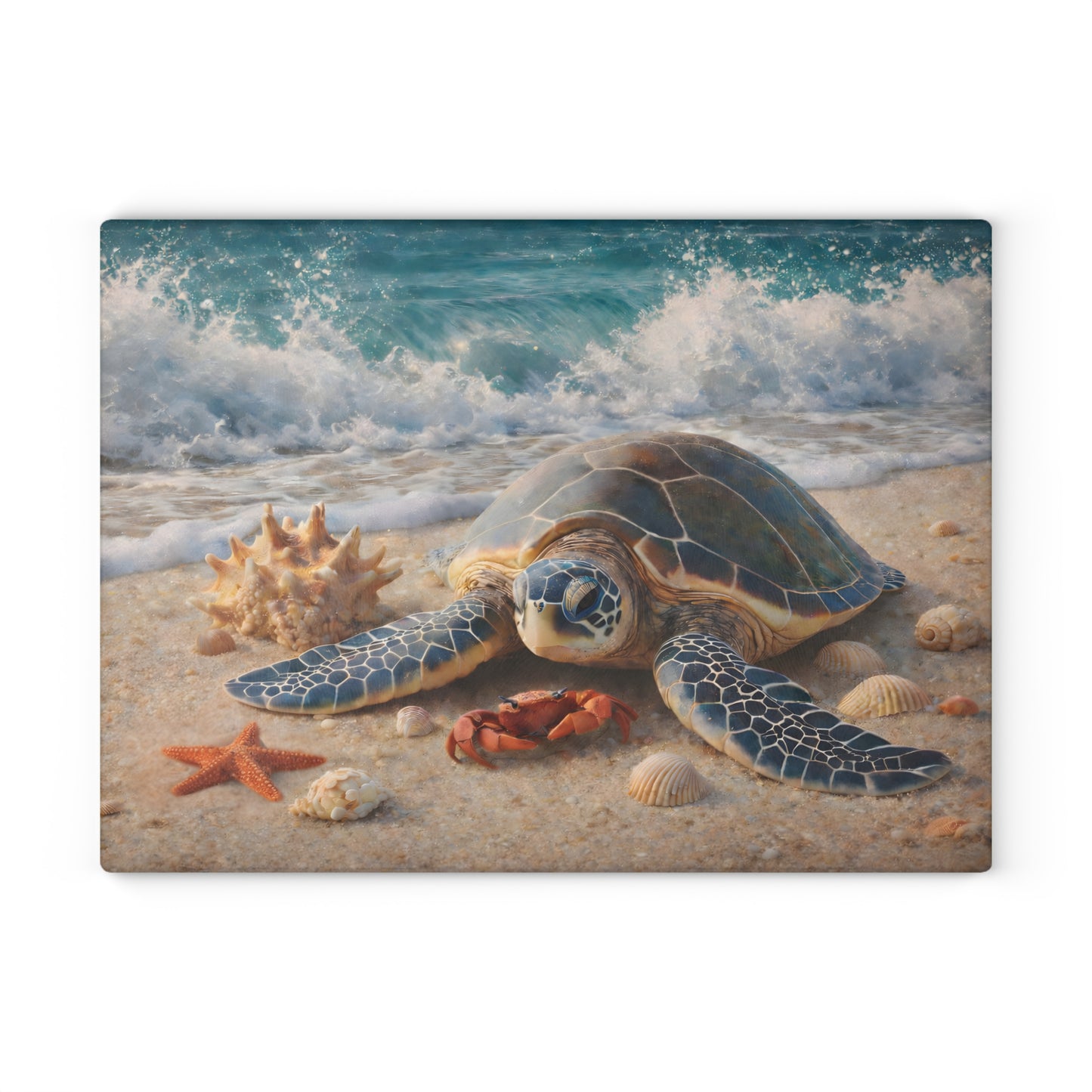 Sea Turtle Shoreline Glass Cutting Board – Coastal Beach Scene with Gentle Ocean Waves