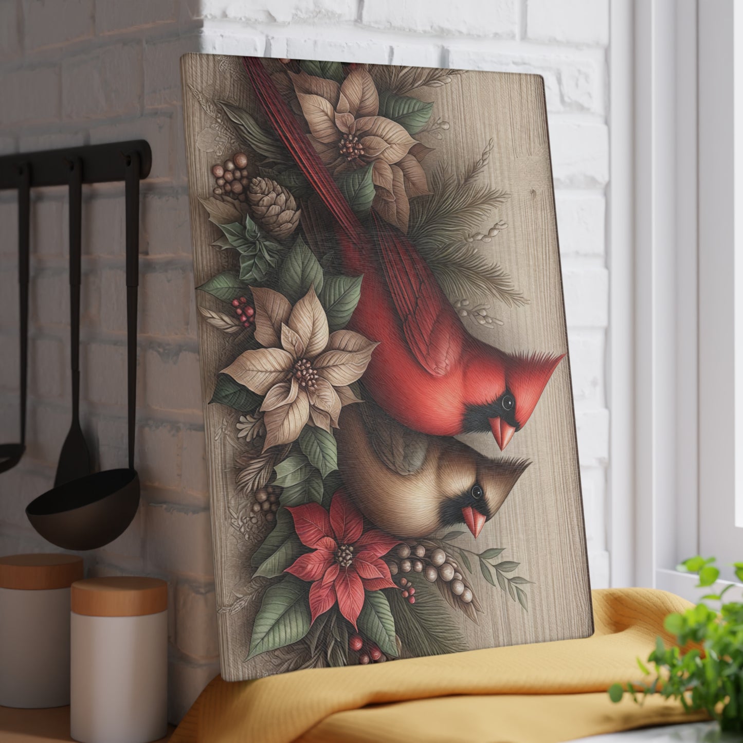 ❤️🕊️ Rustic Cardinal Pair Cutting Board – Timeless Winter Elegance for Your Kitchen 🌲