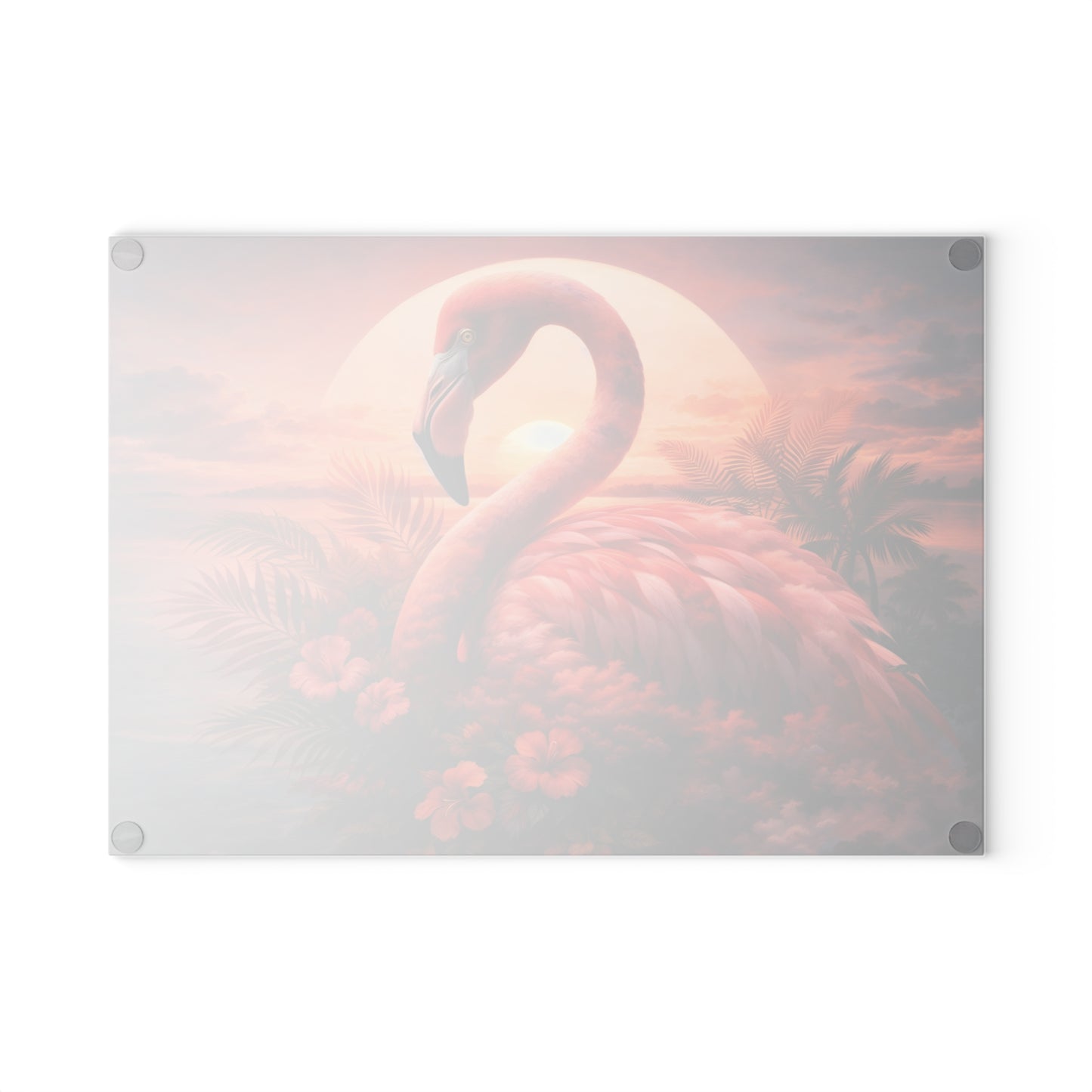 Flamingo Sunset Glass Cutting Board – Tropical Coastal Art Kitchen Display