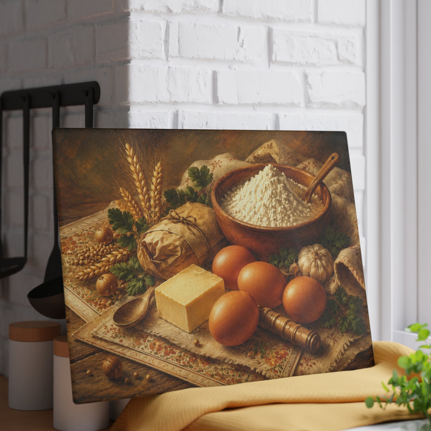 Vintage Baking Ingredients Glass Cutting Board – Rustic Farmhouse Kitchen Artwork