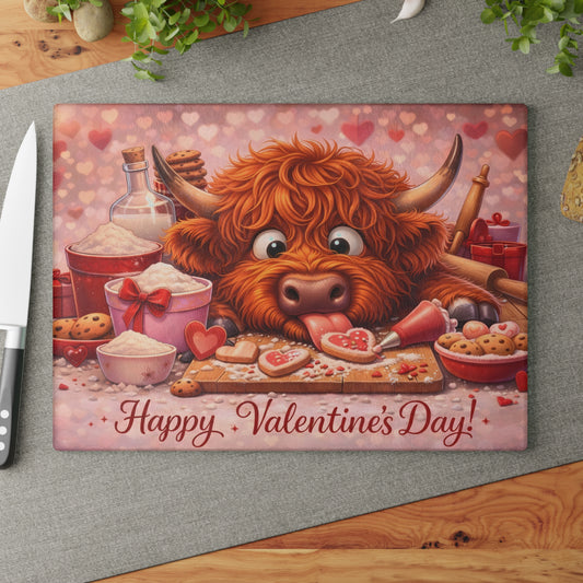 Valentine Highland Cow Baking Glass Cutting Board – Sweet Farmhouse Love Kitchen Decor