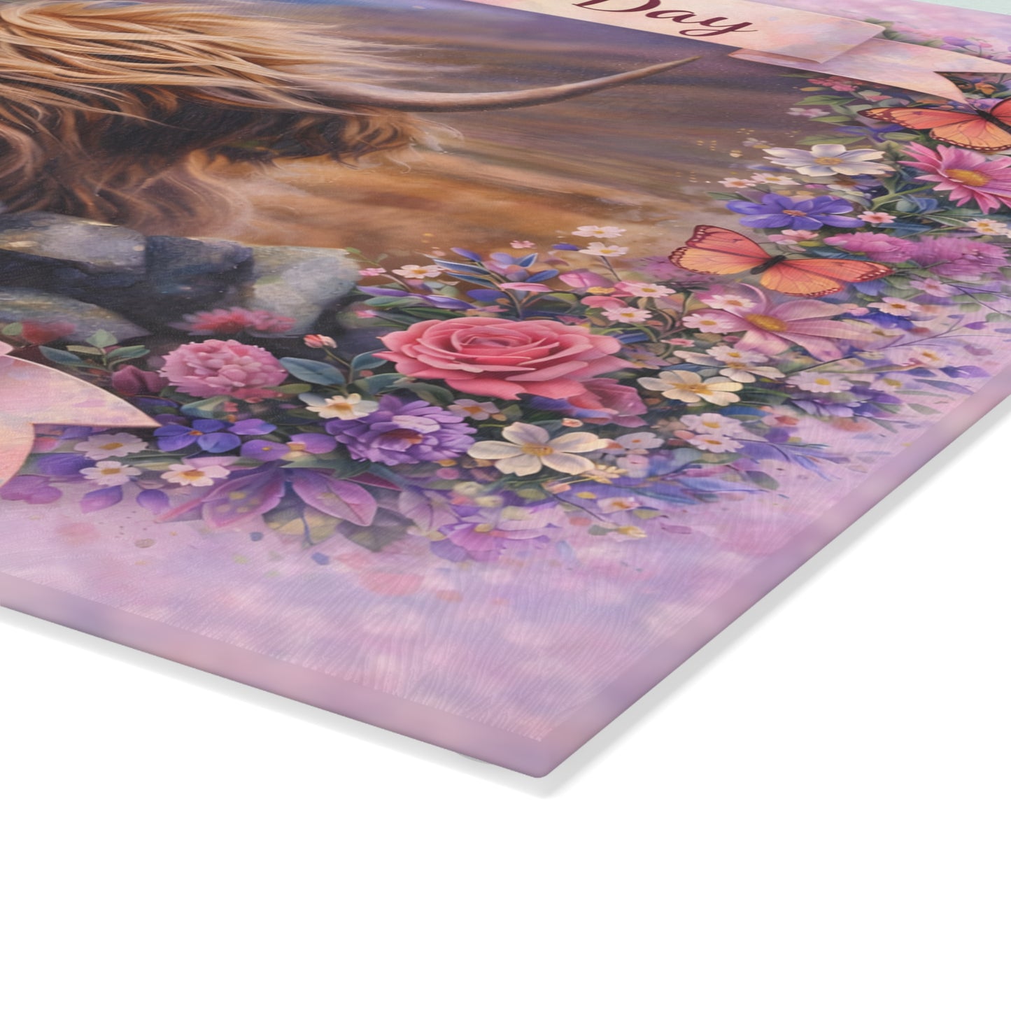 Mother’s Day Highland Cow Floral Glass Cutting Board – Soft Country Artwork with Butterflies
