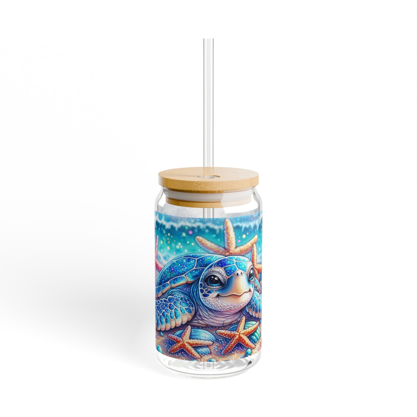 Vaso para sorbos con diseño de tortuga marina con brillo playero: una belleza costera para sorbos de verano.