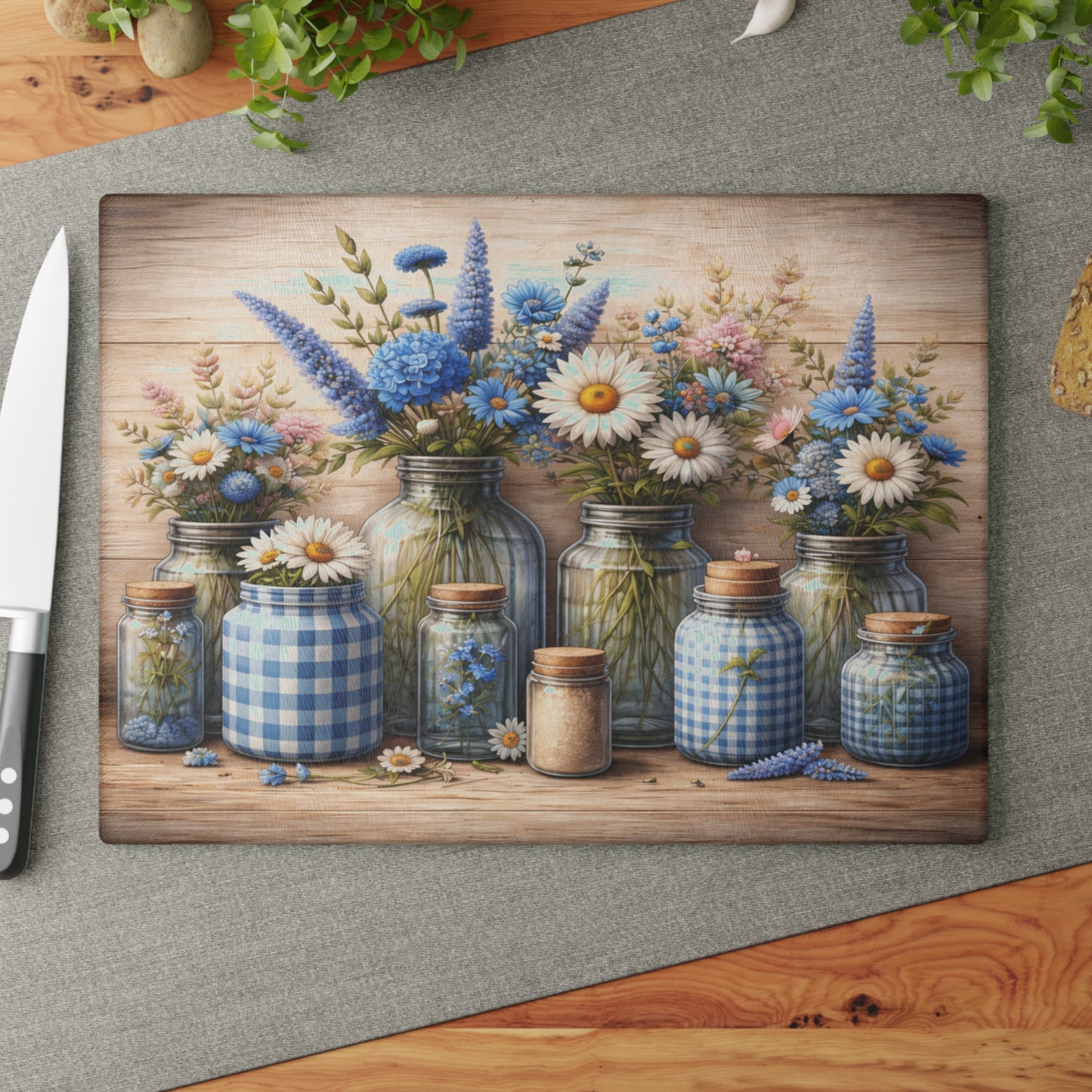 Blue Gingham Wildflower Mason Jar Glass Cutting Board – Rustic Farmhouse Kitchen Decor