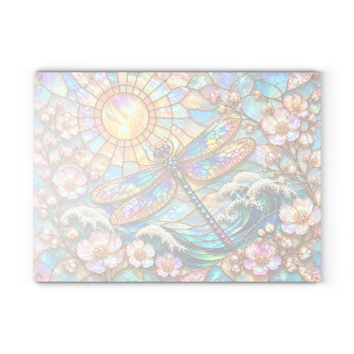 Stained-Glass-Inspired Dragonfly Cutting Board – Iridescent Rainbow Wings, Cherry Blossoms, Ocean Waves & Golden Sun Kitchen Décor