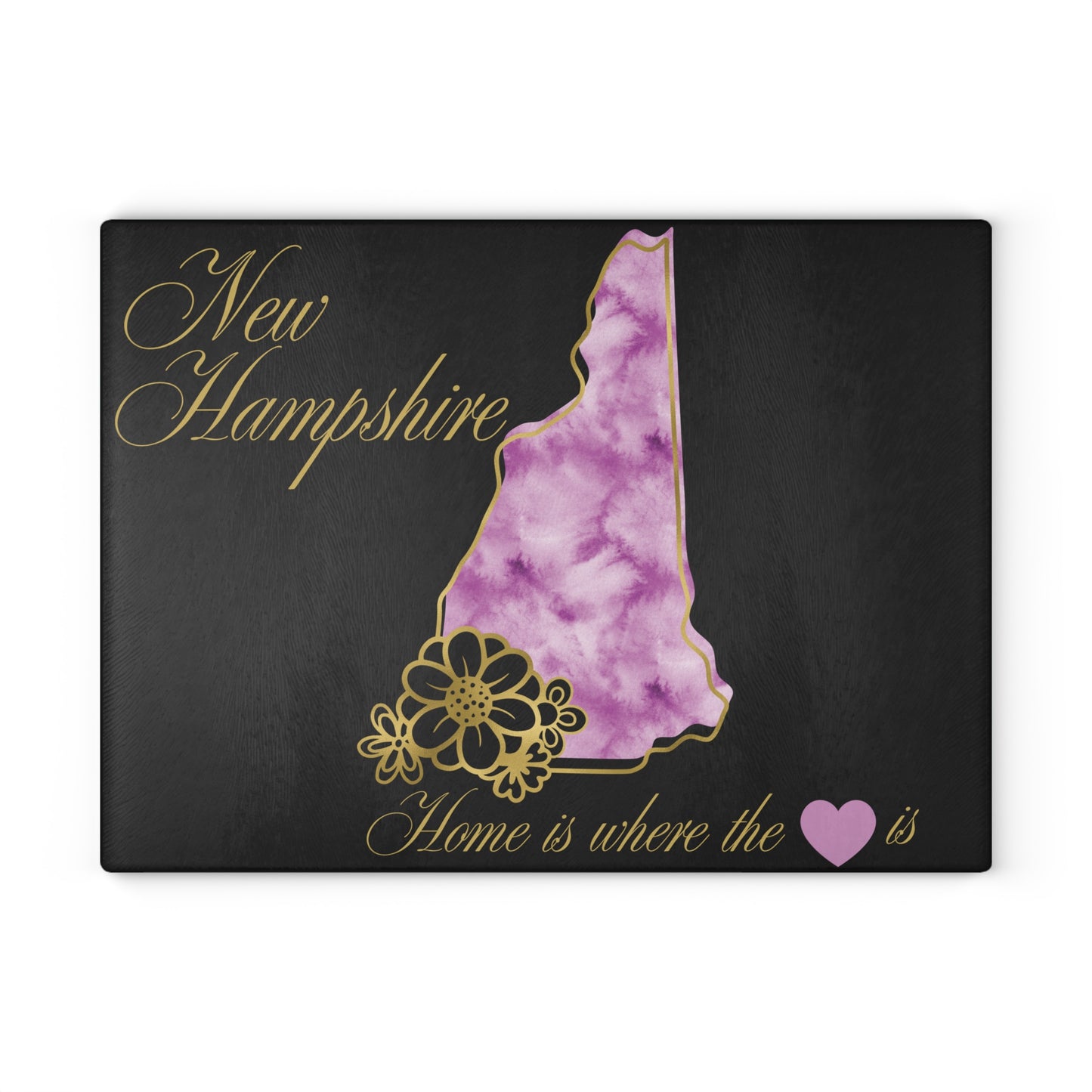 💜 New Hampshire State Floral Cutting Board – Purple Watercolor & Elegant Golden Script
