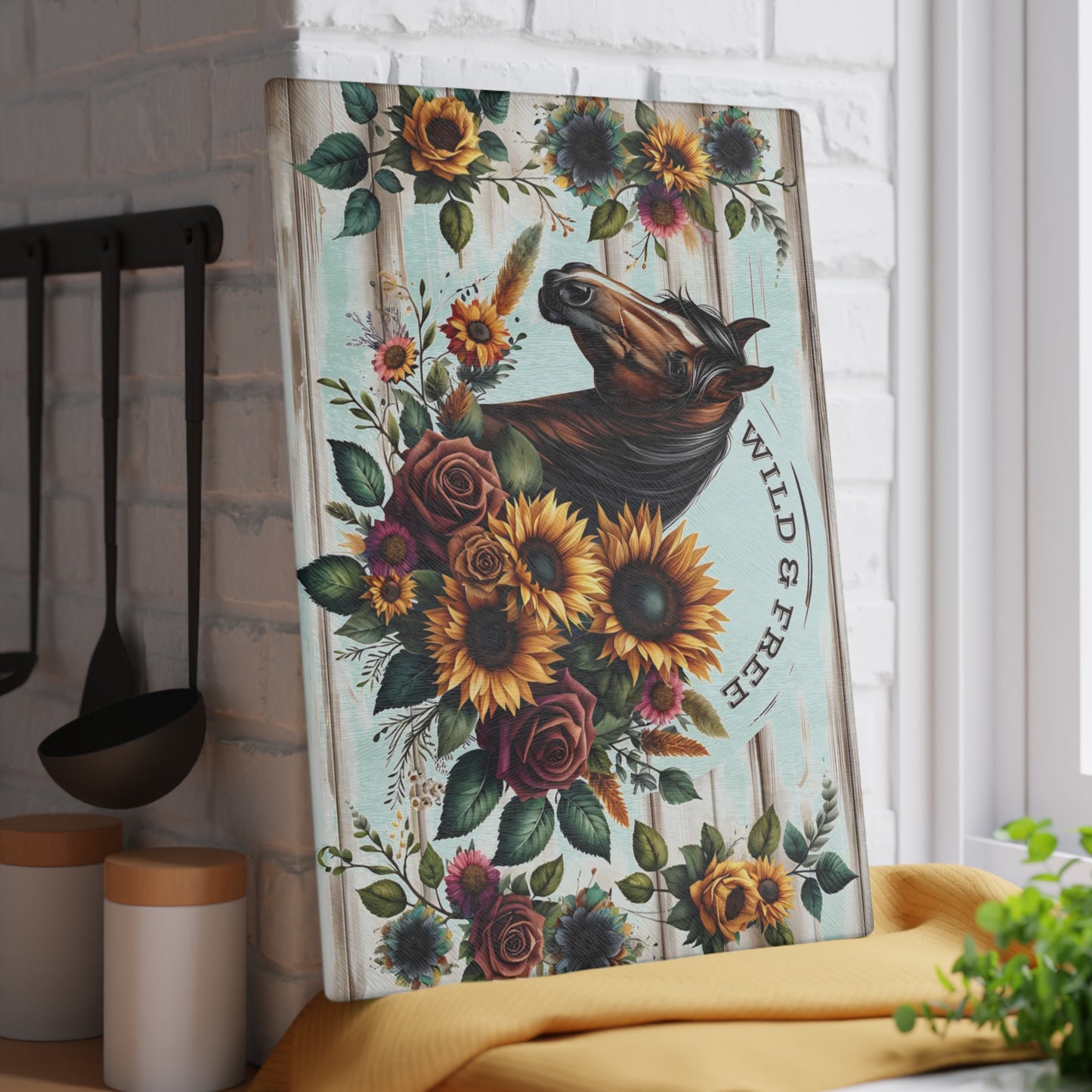 🌻🐎 Wild & Free Horse Cutting Board – Rustic Farmhouse Charm with Sunflowers & Roses 🌹🌾