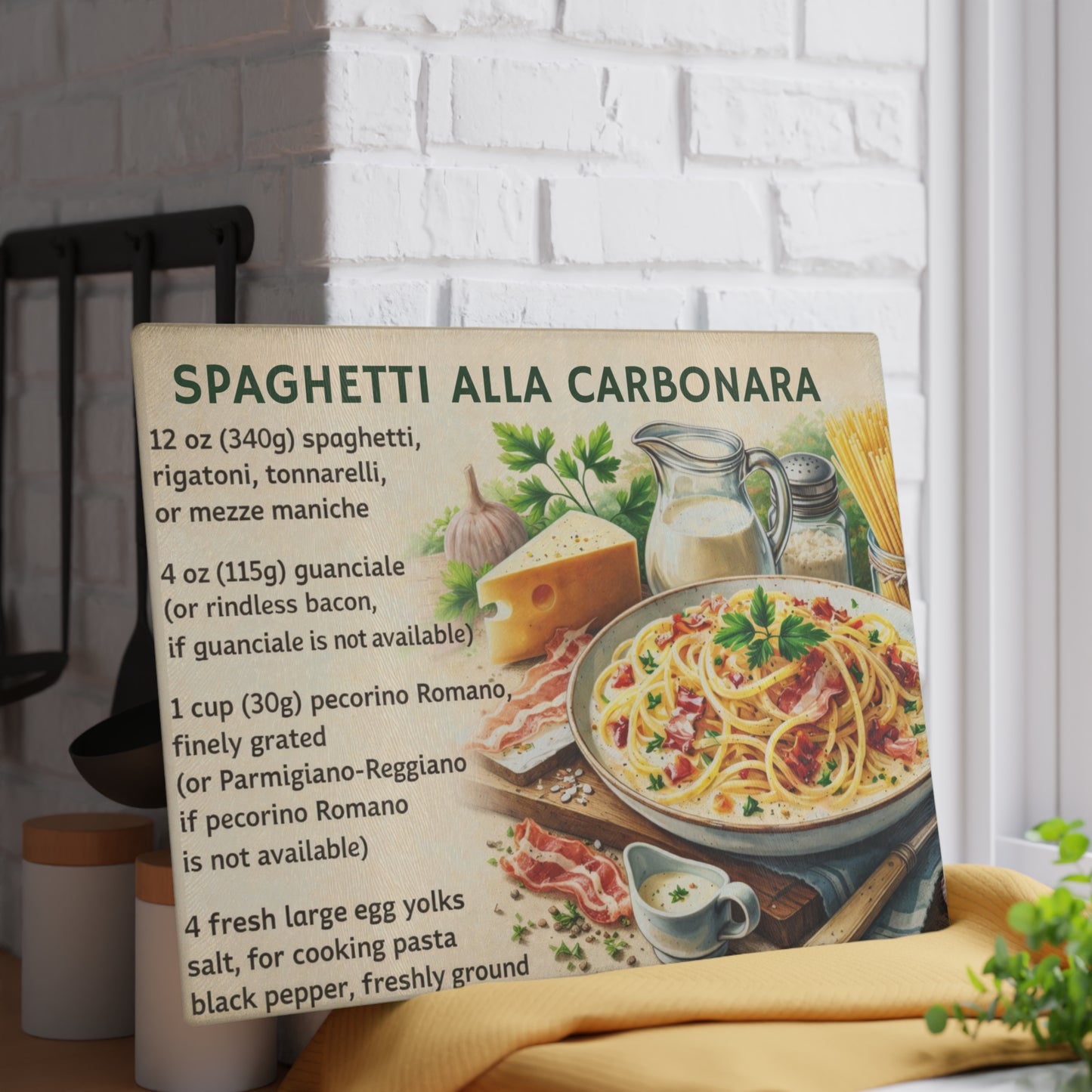 Spaghetti alla Carbonara Recipe Glass Cutting Board – Classic Italian Kitchen Artwork