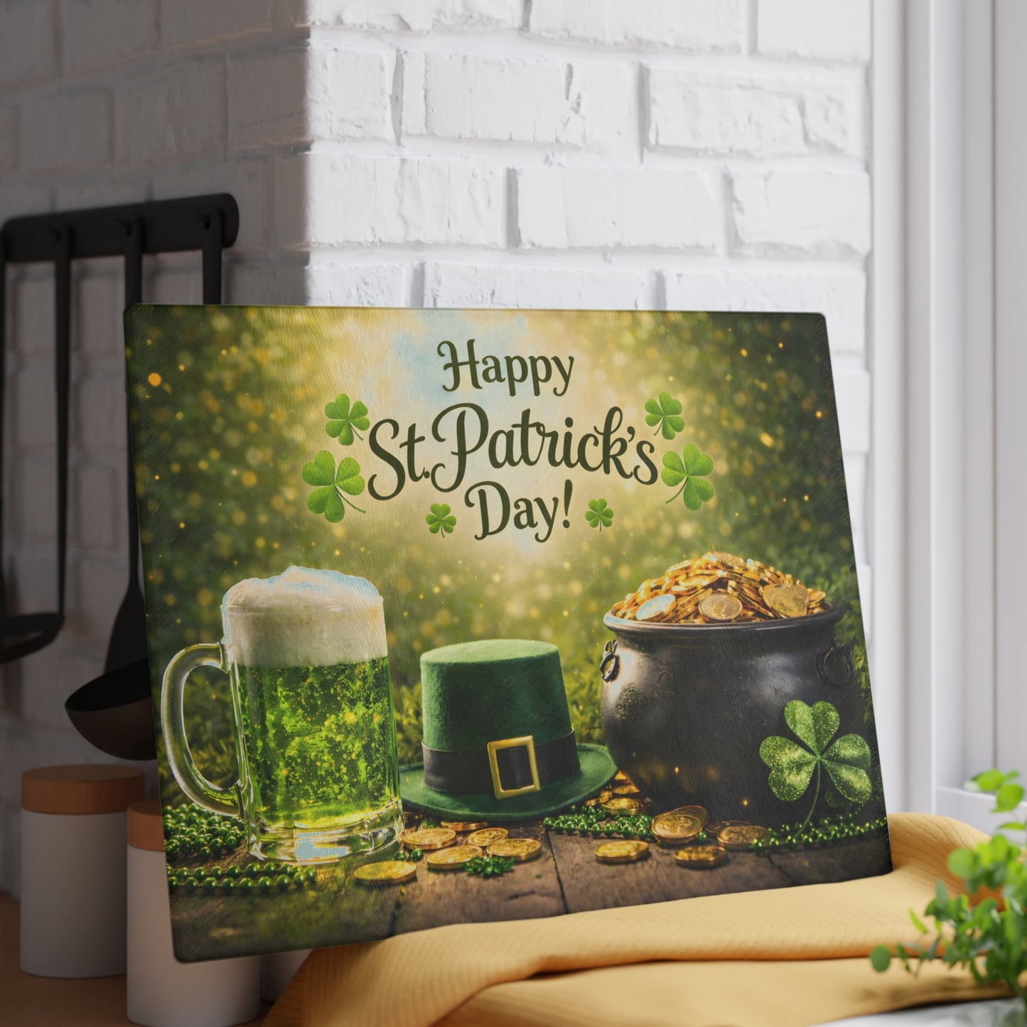 Happy St. Patrick’s Day Glass Cutting Board – Festive Irish Kitchen Decor