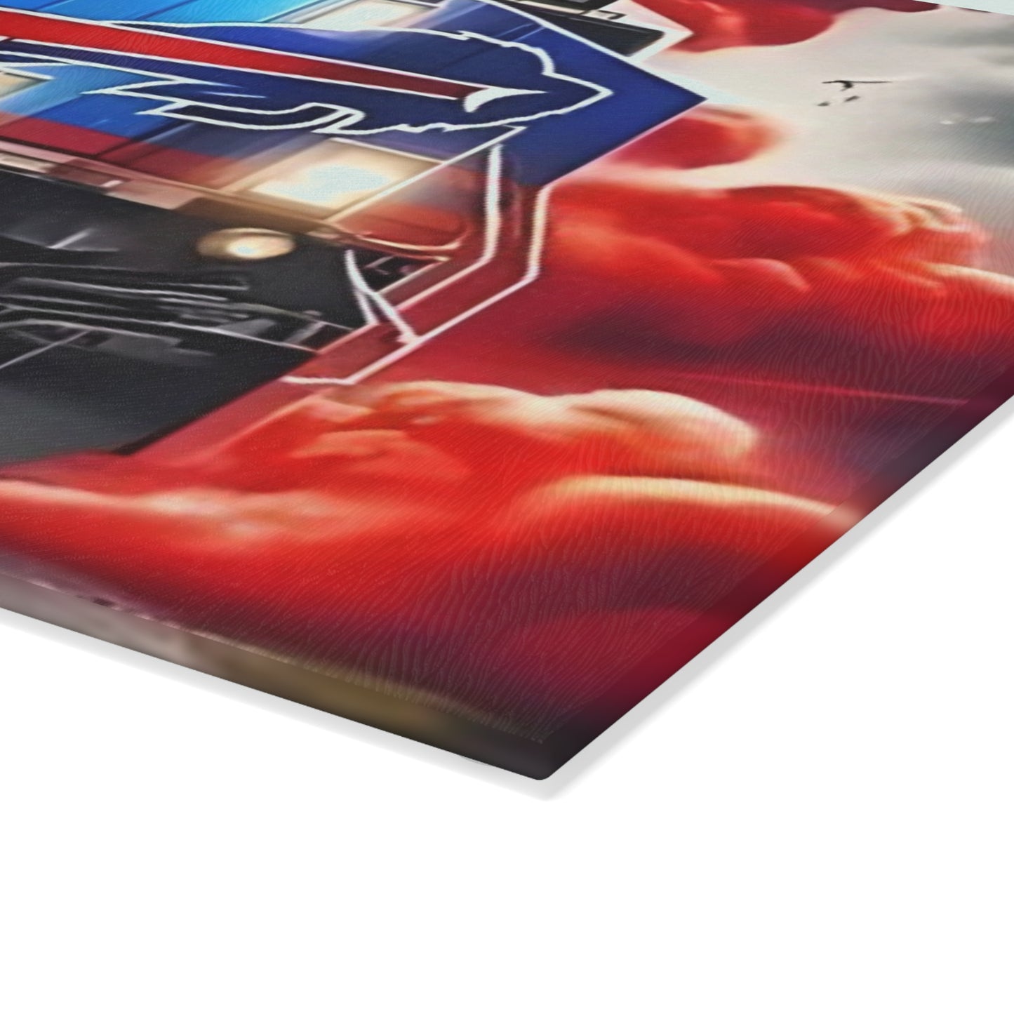 Red & Navy Express Glass Cutting Board – Rugged Train Art for Bold, Classic Kitchens