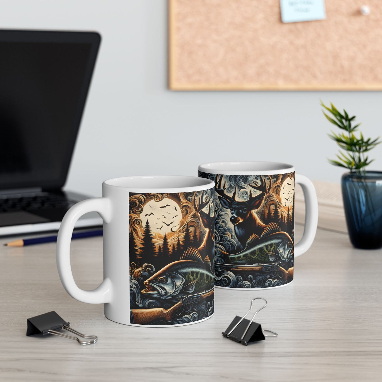 🦌🎣 Personalized Hunting & Fishing Mug – Deer, Bass & Outdoors Coffee Cup 🌲☕