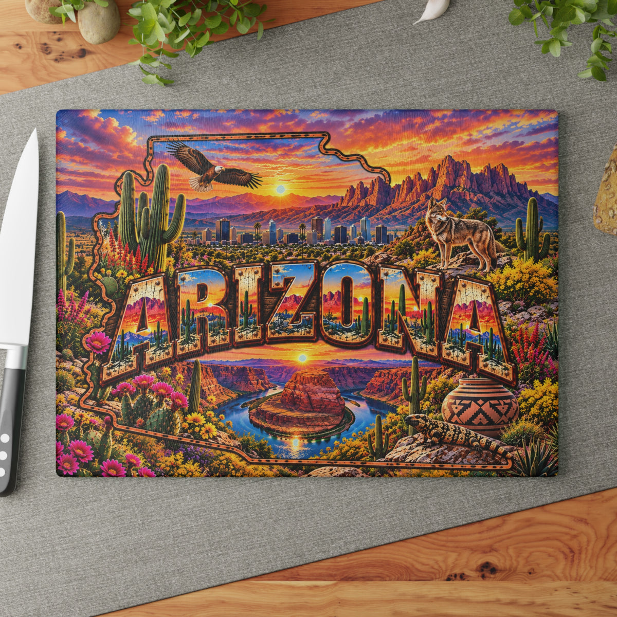 Arizona Glass Cutting Board – Arizona State Map, Grand Canyon, Saguaro Cactus, Desert Wildlife & Sunset Kitchen Décor