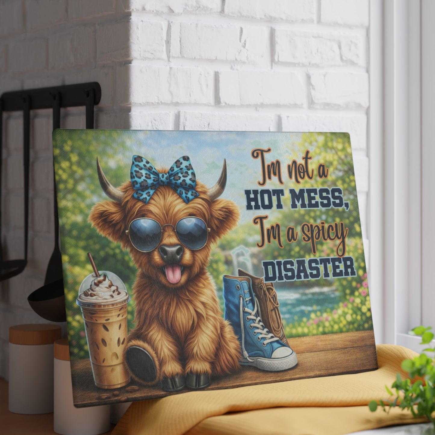 I’m Not a Hot Mess, I’m a Spicy Disaster Glass Cutting Board – Sassy Highland Cow Kitchen Artwork
