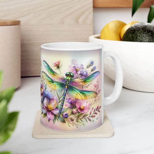 Libélula arcoíris y jardín de flores silvestres: envoltorio floral para tazas para amantes de la naturaleza ☕