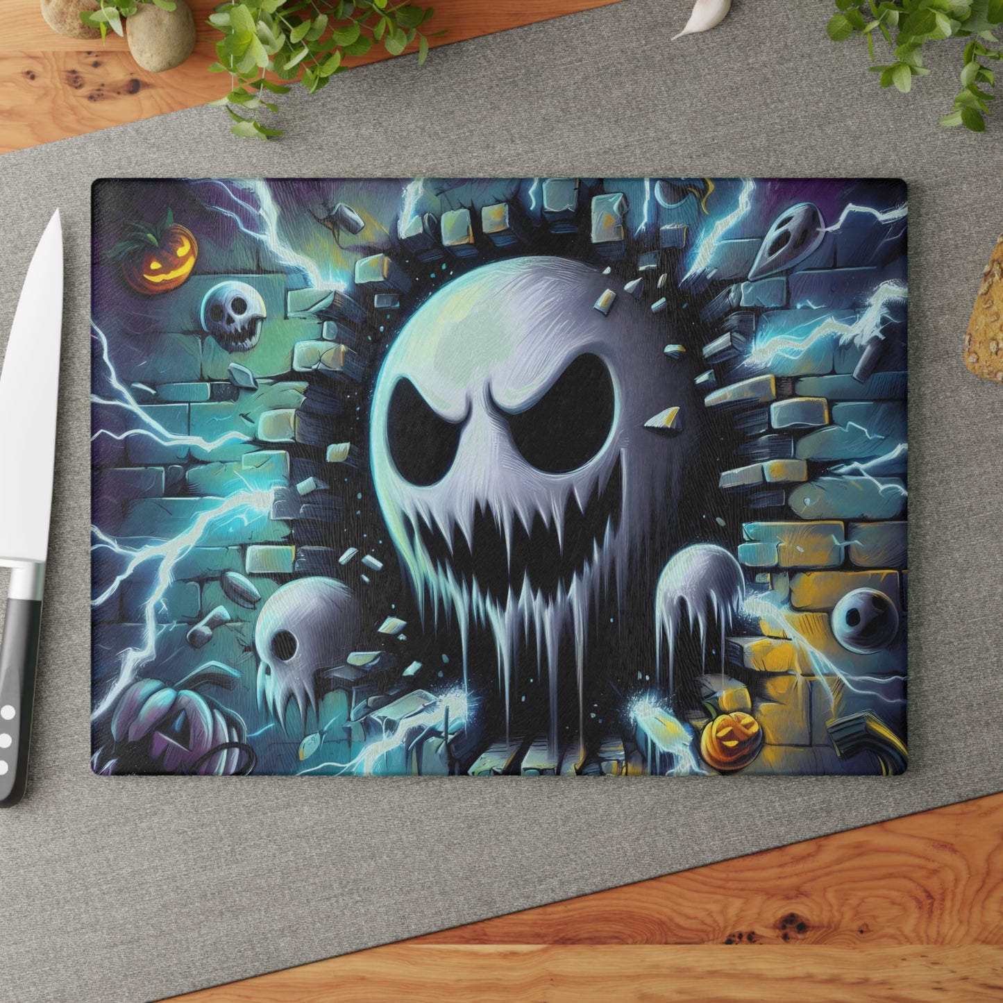 👻 Electric Ghost Face Cutting Board – Haunting Halloween Style with Skulls, Lightning & Bricks ⚡🎃