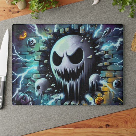 👻 Electric Ghost Face Cutting Board – Haunting Halloween Style with Skulls, Lightning & Bricks ⚡🎃
