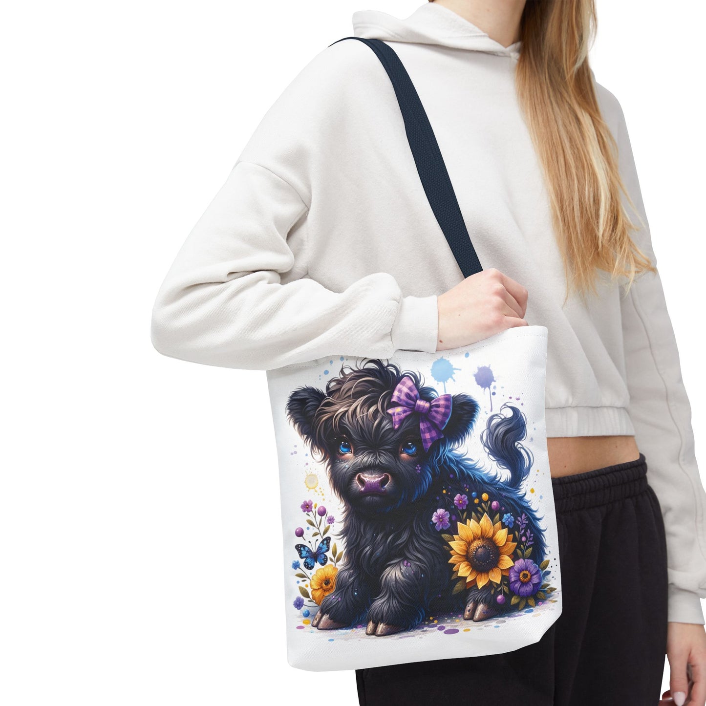 💜 Purple Bow Black Highland Calf Tote Bag – Country Charm with a Pop of Color 🐮👜