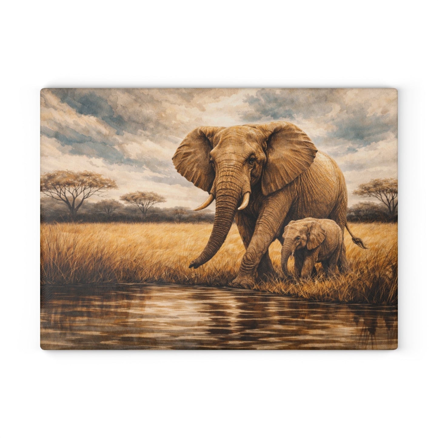 Safari Elephant and Calf Glass Cutting Board – African Wildlife Savanna Artwork