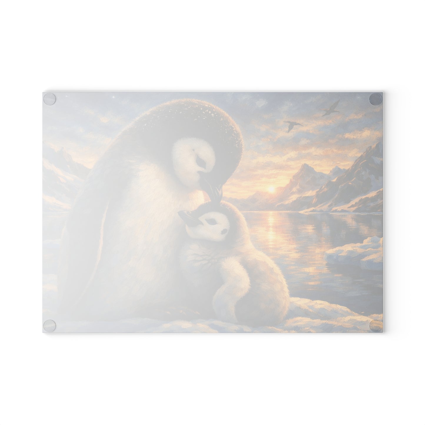 Penguins at Golden Arctic Sunset Glass Cutting Board – Mother and Baby Wildlife Artwork