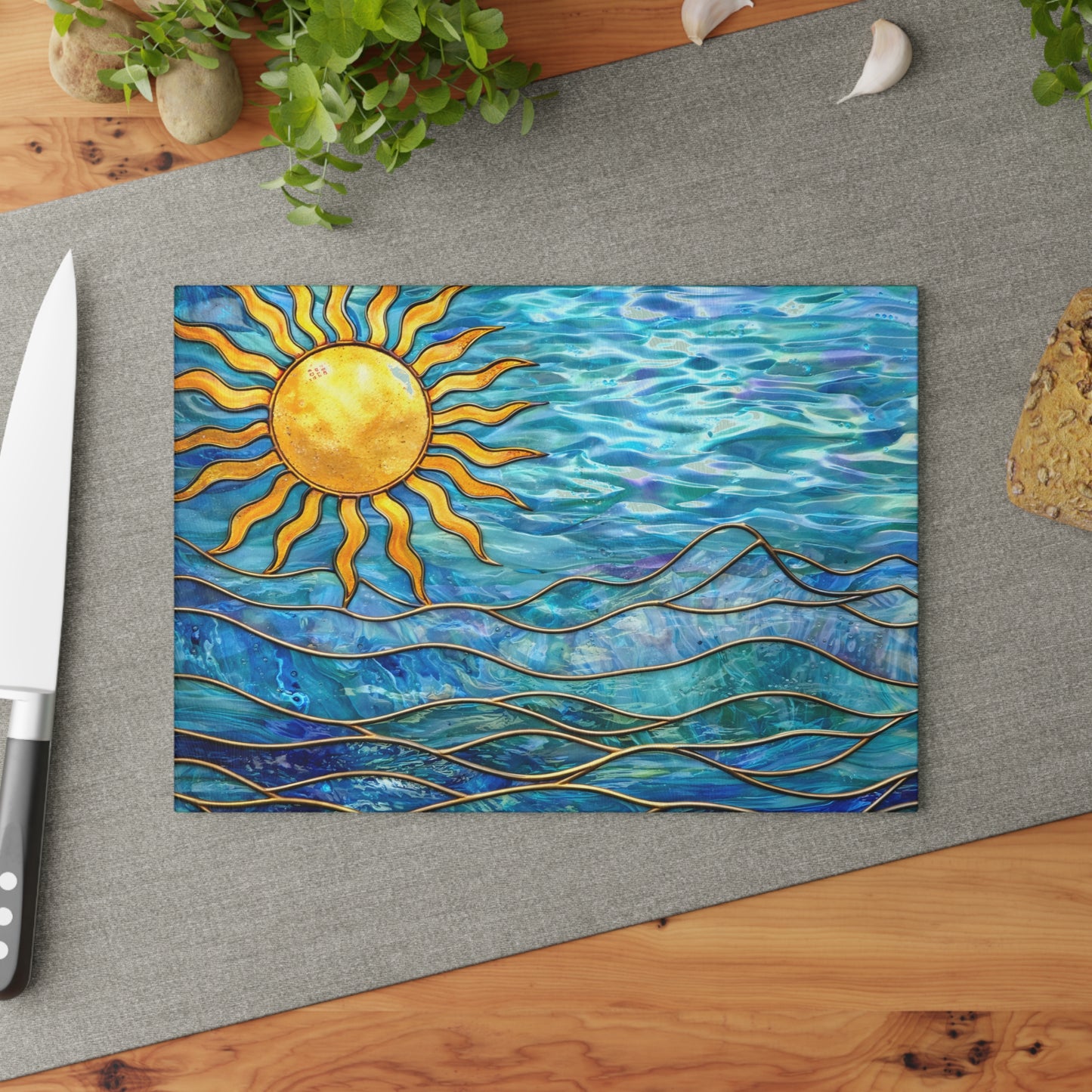 Sunlit Ocean Waves Glass Cutting Board – Coastal Art Kitchen Decor