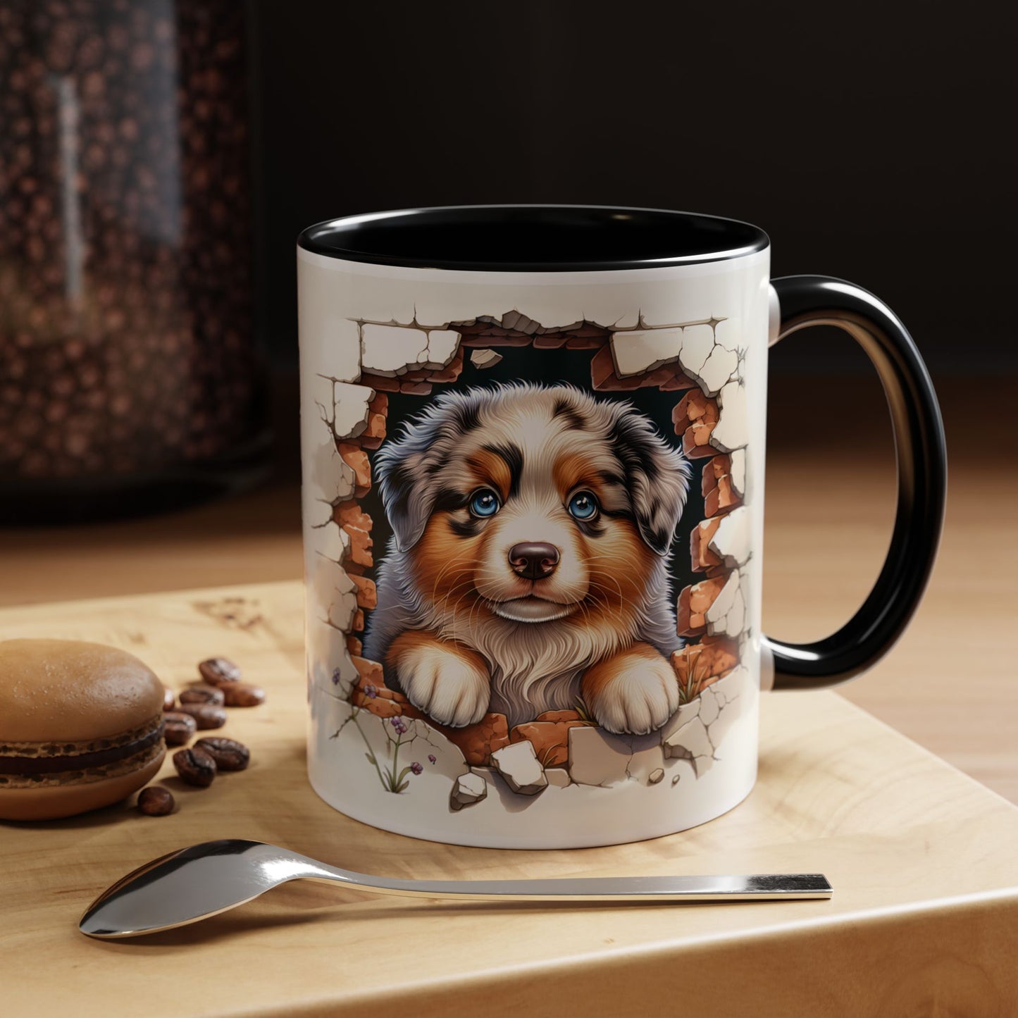 🐾☕ Australian Shepherd Puppy Peek Accent Mug – Blue-Eyed Beauty Dog Lover Gift ✨💙
