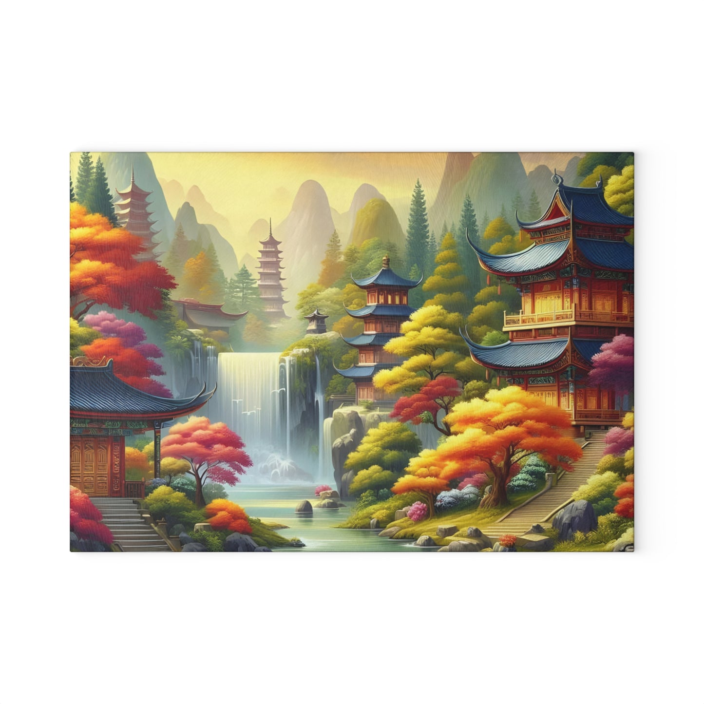 🍁🏯 Tranquil Pagoda Falls Cutting Board – Serene Autumn Landscape Art 🏯🍁