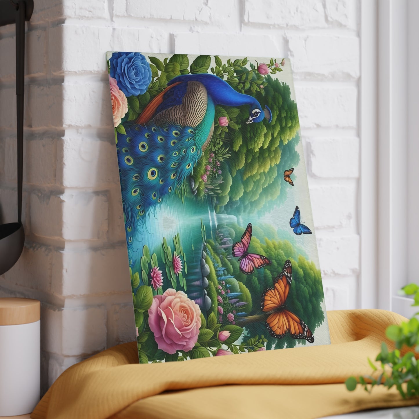 Peacock decor, butterfly decor, cutting board, kitchen decor, kitchen art, serving board, peacock gift, butterfly gift, floral cutting board