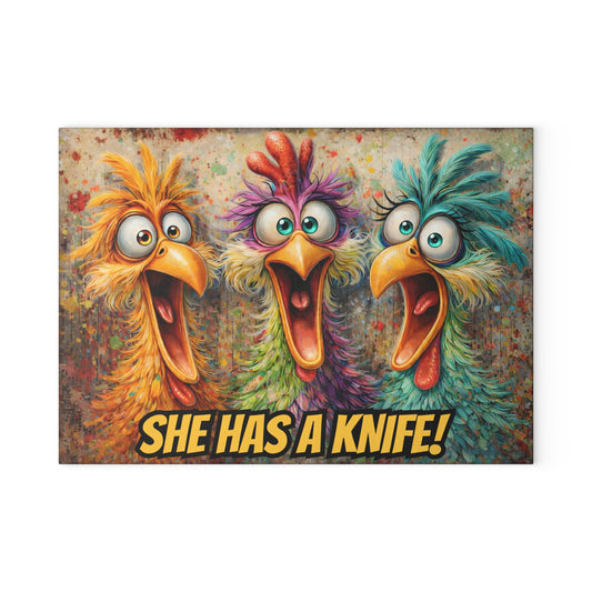 Funny Chicken Glass Cutting Board – Colorful Farm Humor Kitchen Decor
