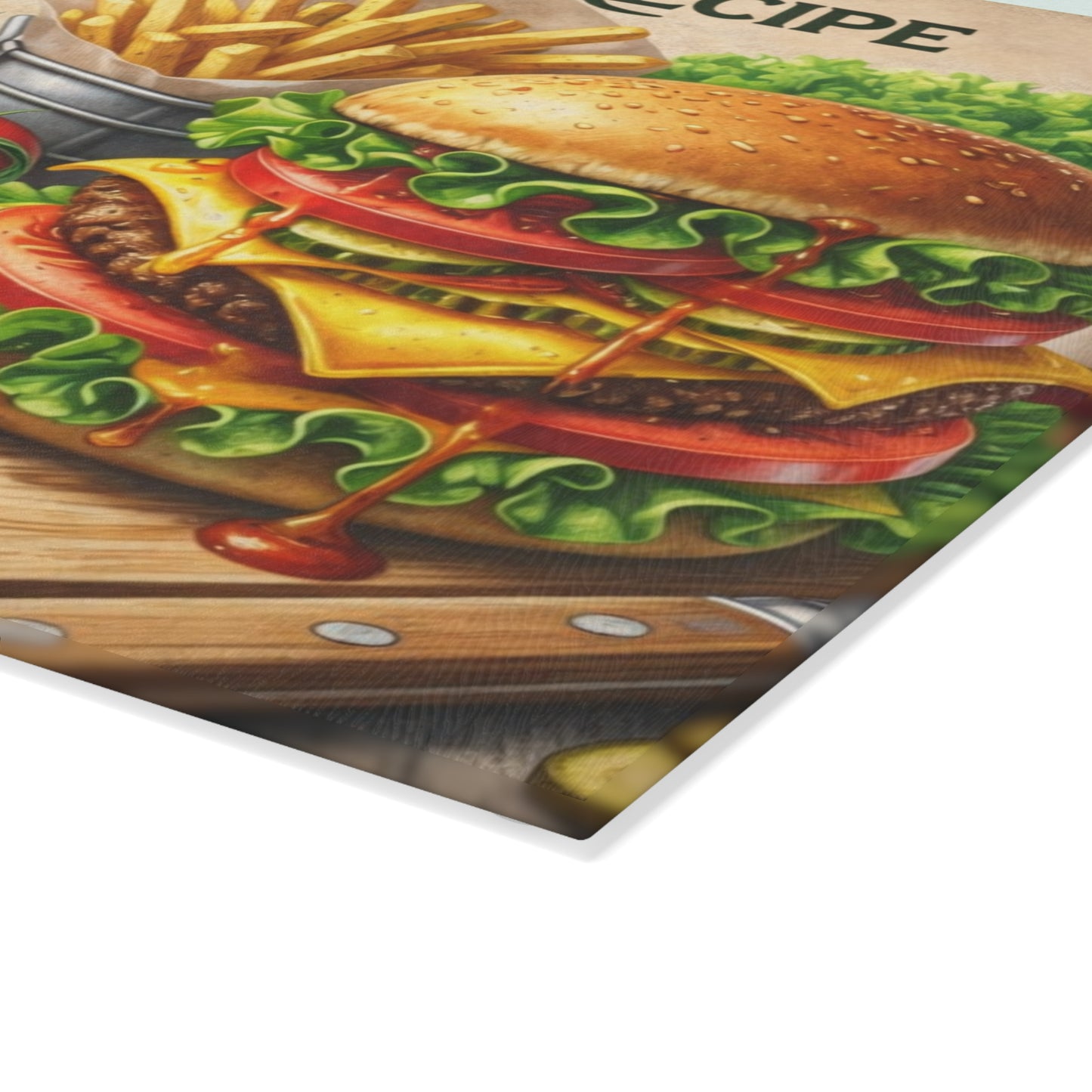 Cheeseburger Recipe Glass Cutting Board – Classic Burger Kitchen Art