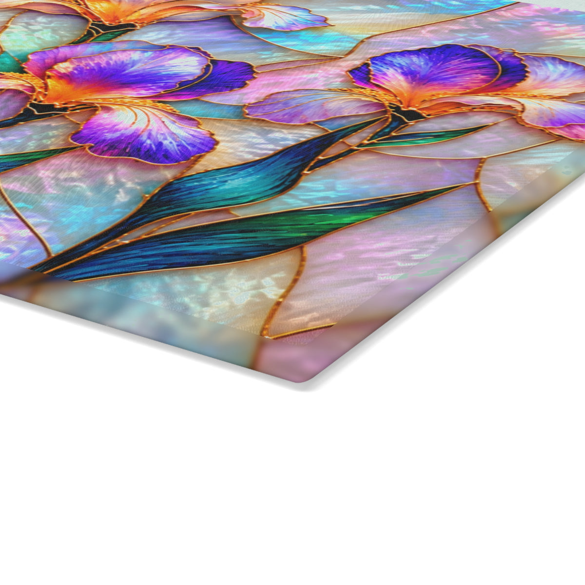 Stained-Glass-Inspired Purple Iris Cutting Board – Vibrant Violet & Lavender Flowers, Iridescent Pastel Mosaic & Elegant Botanical Kitchen Décor