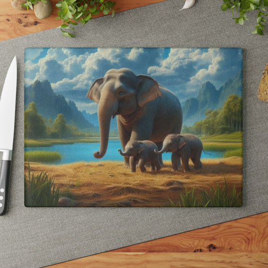 🐘🌿 Elephant Family Glass Cutting Board – Serene Nature Elegance for Your Kitchen 🌊