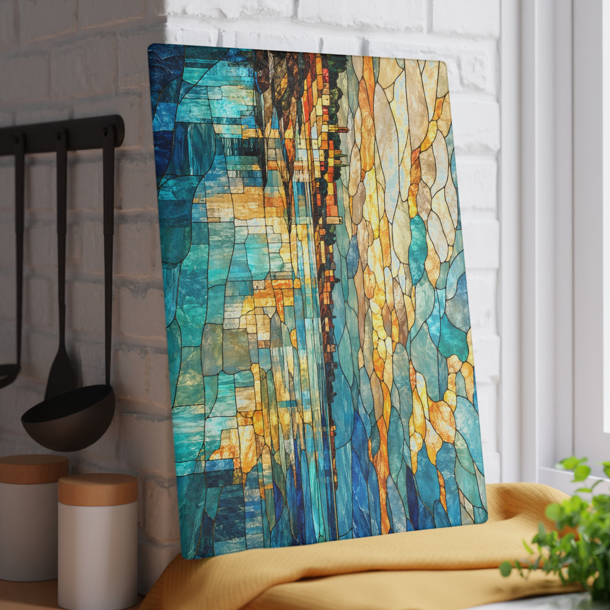 Coastal Waterfront Stained-Glass-Inspired Glass Cutting Board – Ocean Kitchen Decor