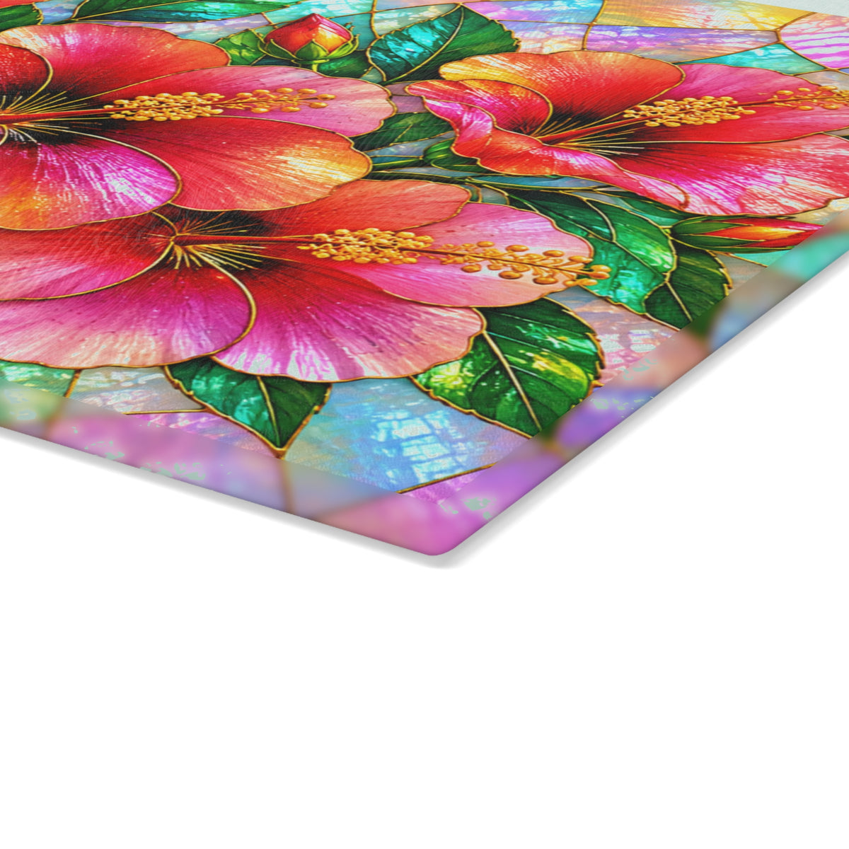 Stained-Glass-Inspired Tropical Hibiscus Cutting Board – Vibrant Pink & Orange Flowers, Iridescent Mosaic Background & Botanical Kitchen Décor