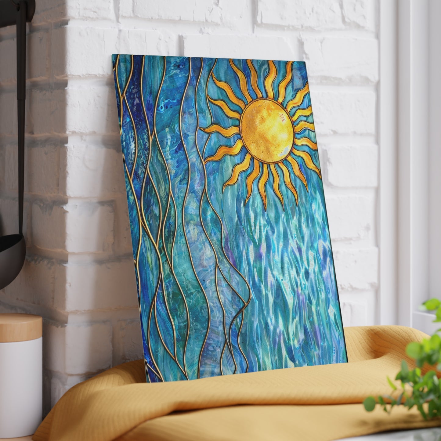 Sunlit Ocean Waves Glass Cutting Board – Coastal Art Kitchen Decor