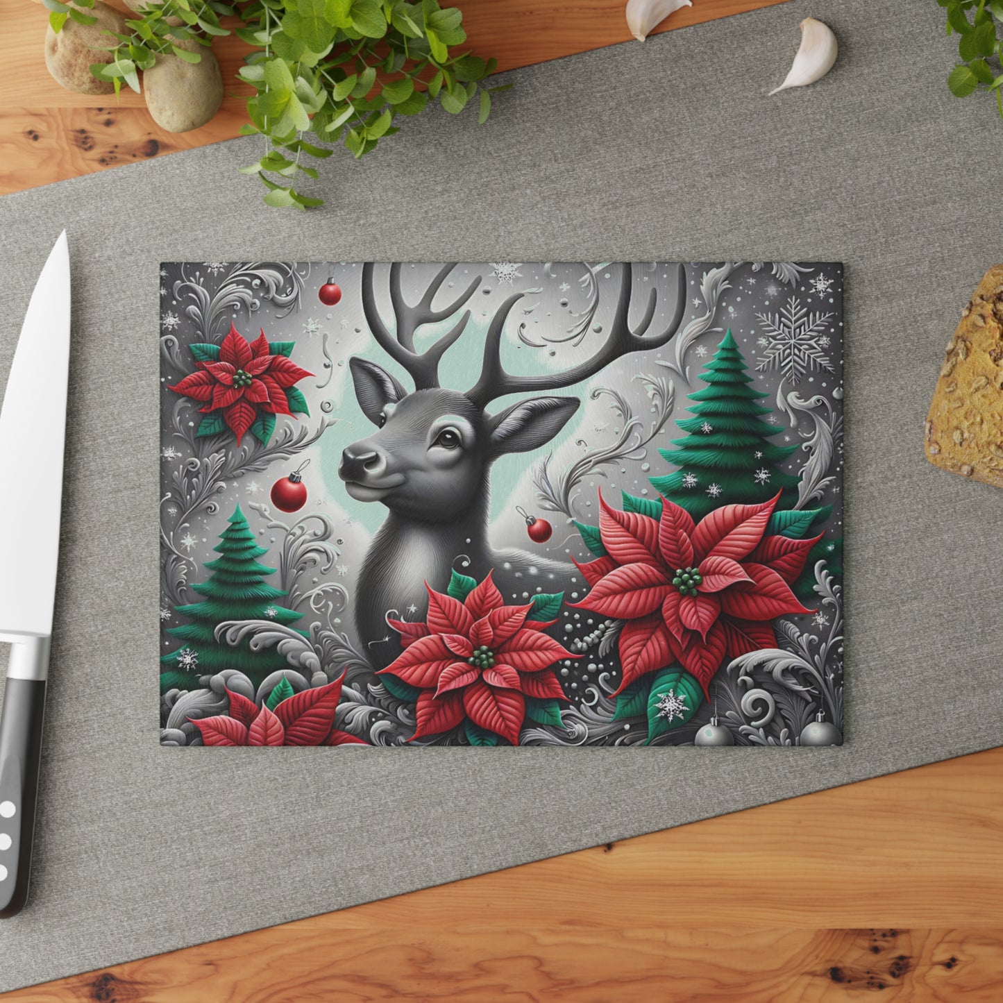 🦌❄️ “Winter Woodland Deer” Glass Cutting Board – Elegant Christmas Charm for Your Kitchen