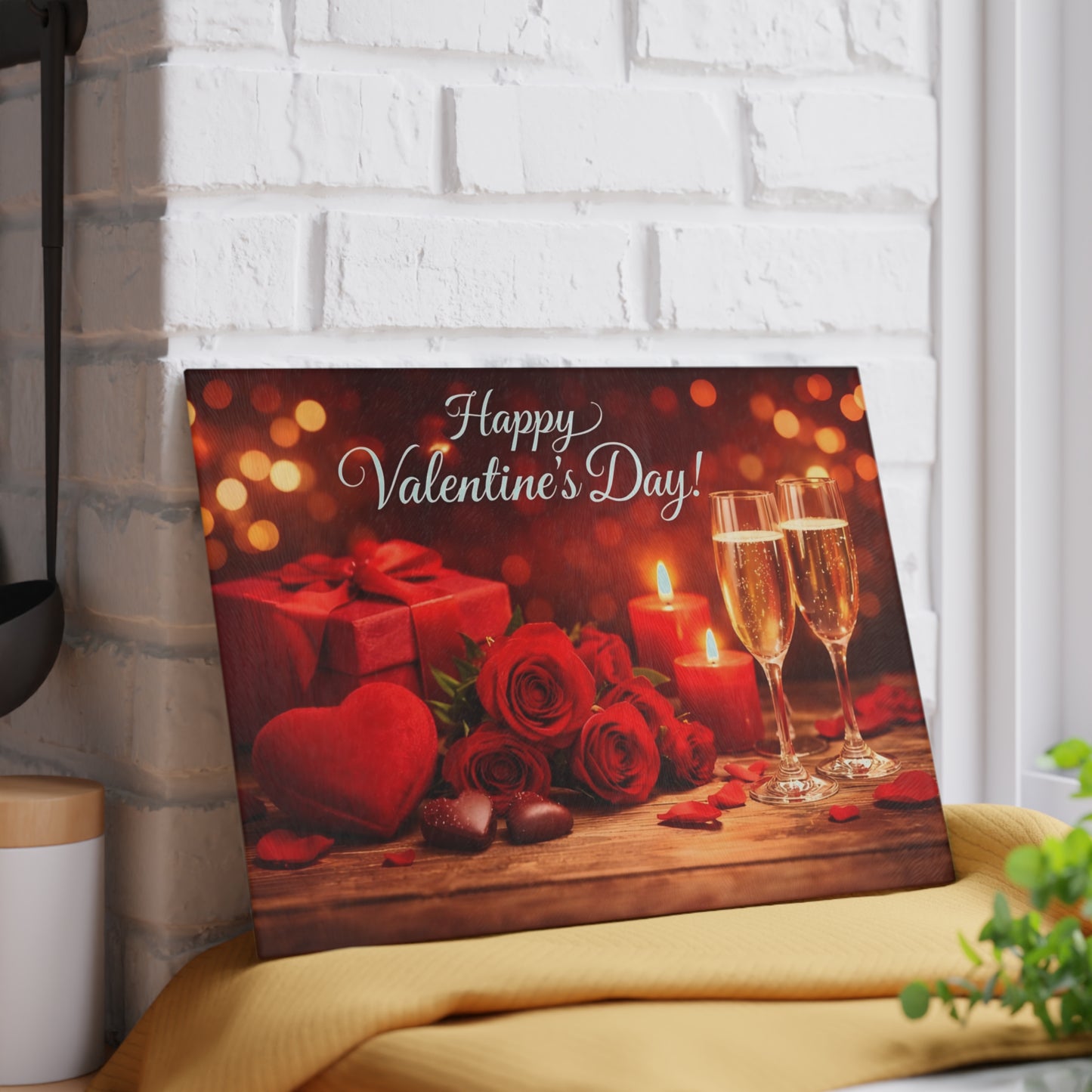 Happy Valentine’s Day Champagne & Roses Glass Cutting Board – Romantic Evening Kitchen Accent