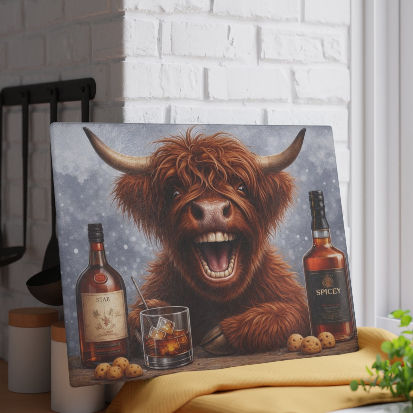Laughing Highland Cow Bar Glass Cutting Board – Playful Farm Humor Art with Cozy Pub Style