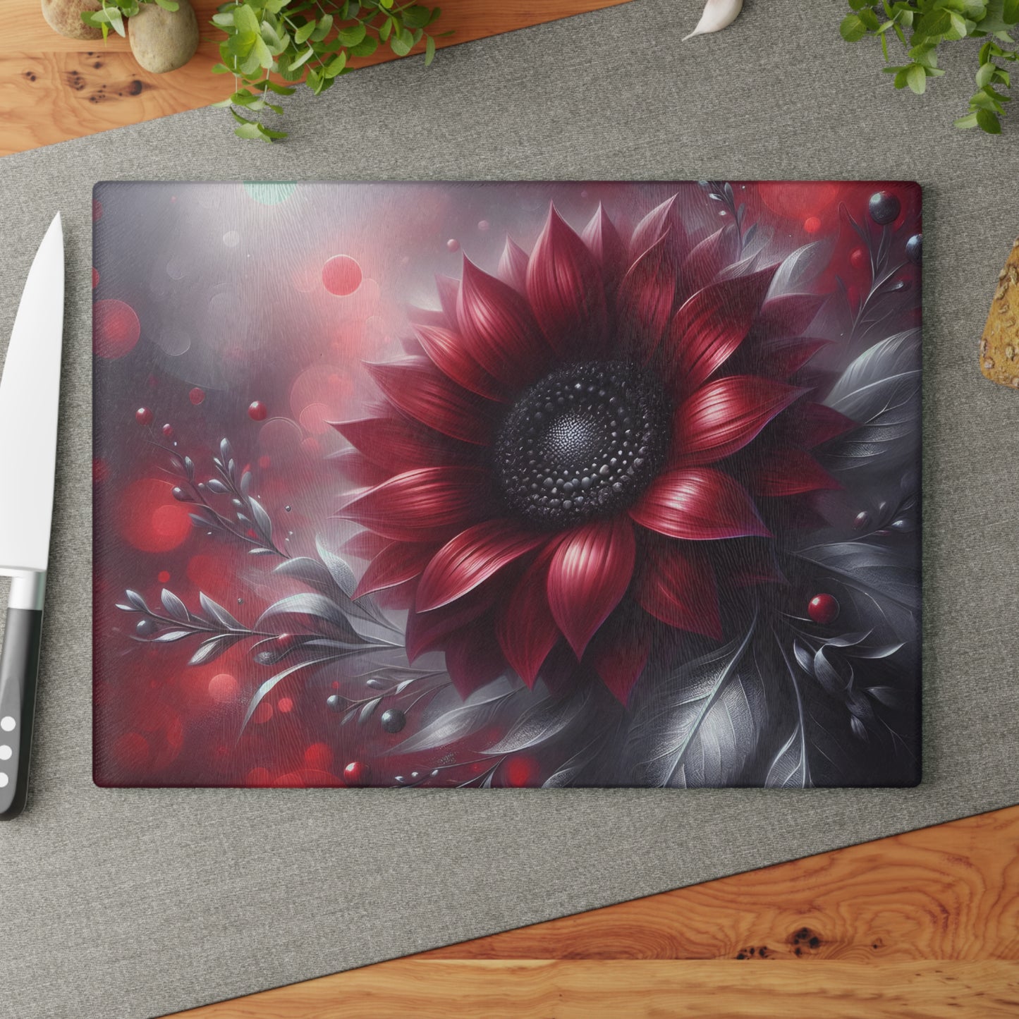 🌻🖤 Red and Black Sunflower Cutting Board – Bold Elegance for Your Kitchen 🌹
