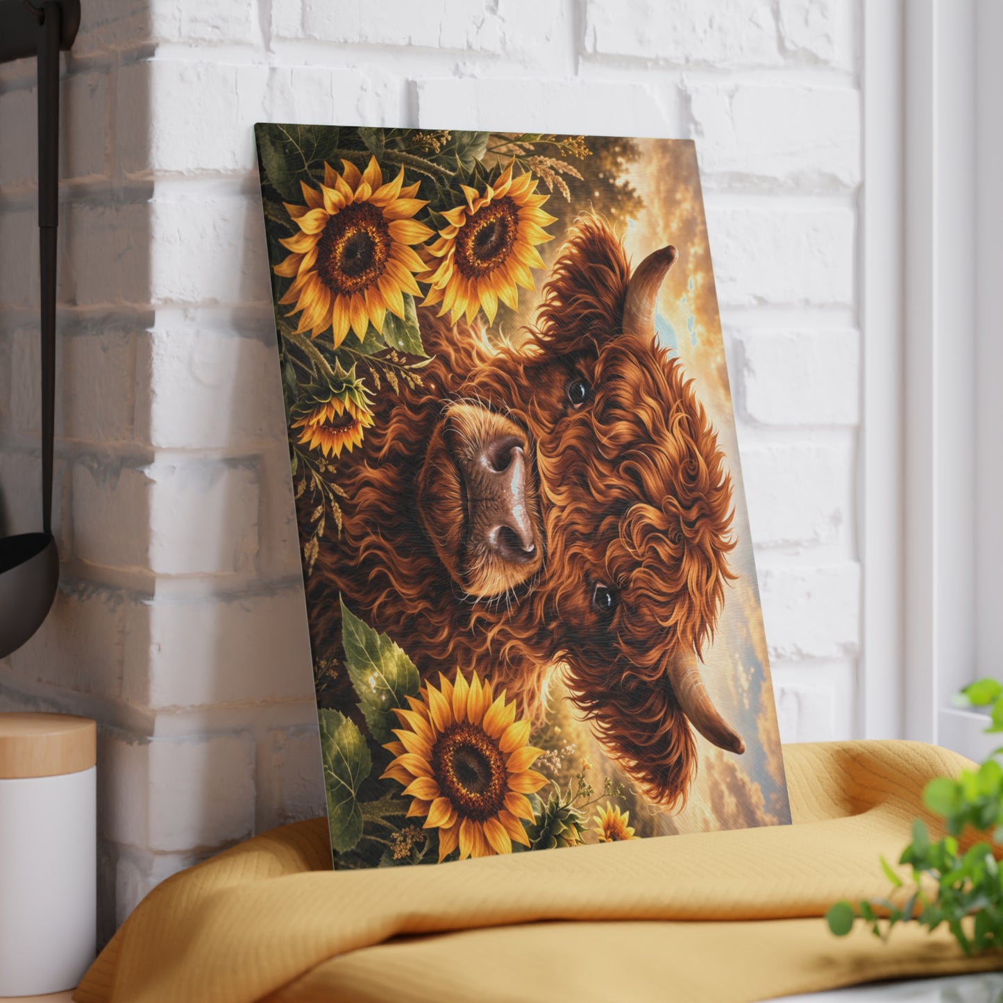 Sunflower Meadow Highland Cow Glass Cutting Board – Warm Farmhouse Floral Art with Country Charm