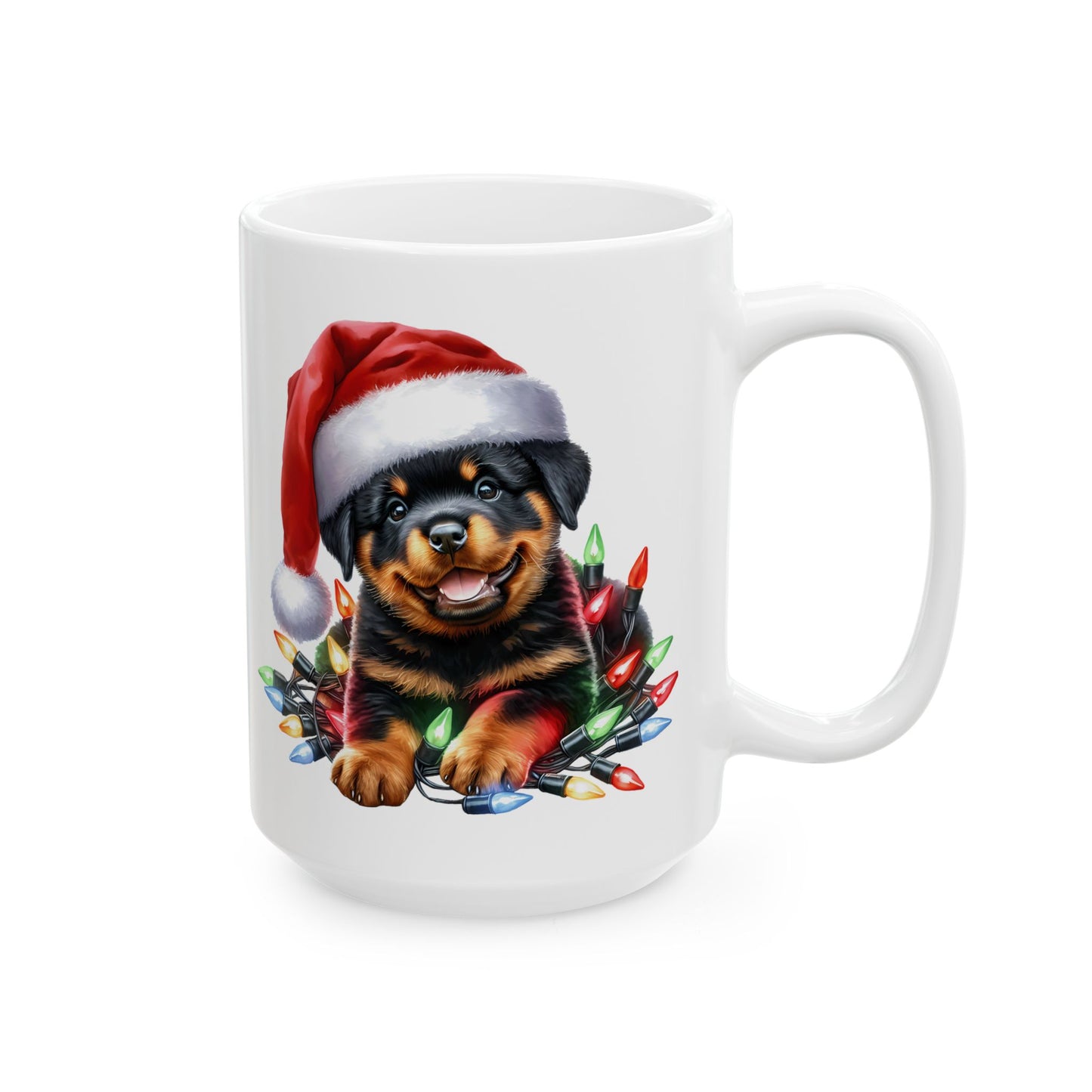 🎄 Rottweiler Christmas Lights Mug – Festive Cheer with Puppy Cuteness ☕