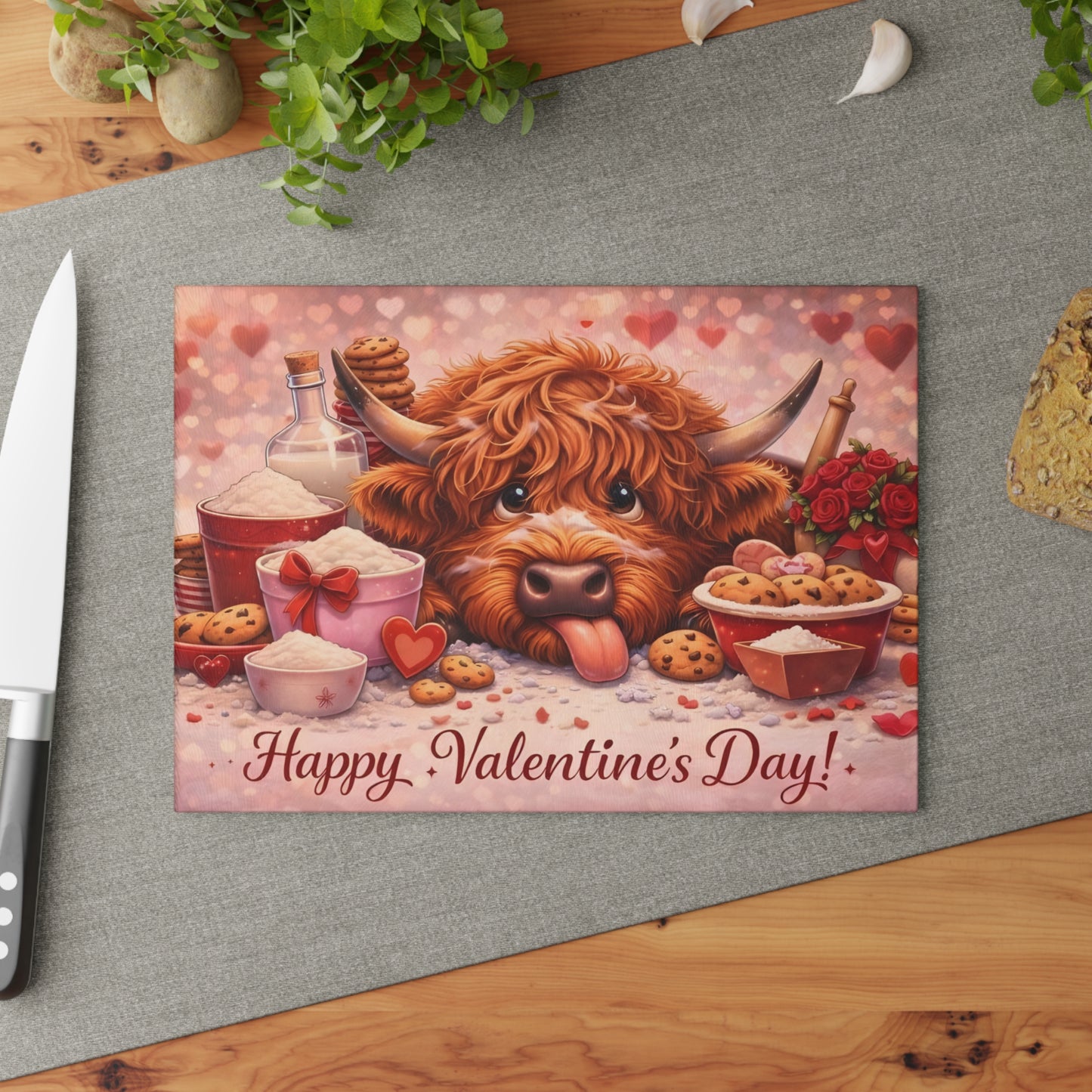 Valentine Highland Cow Baking Glass Cutting Board – Sweet Farmhouse Love Kitchen Decor