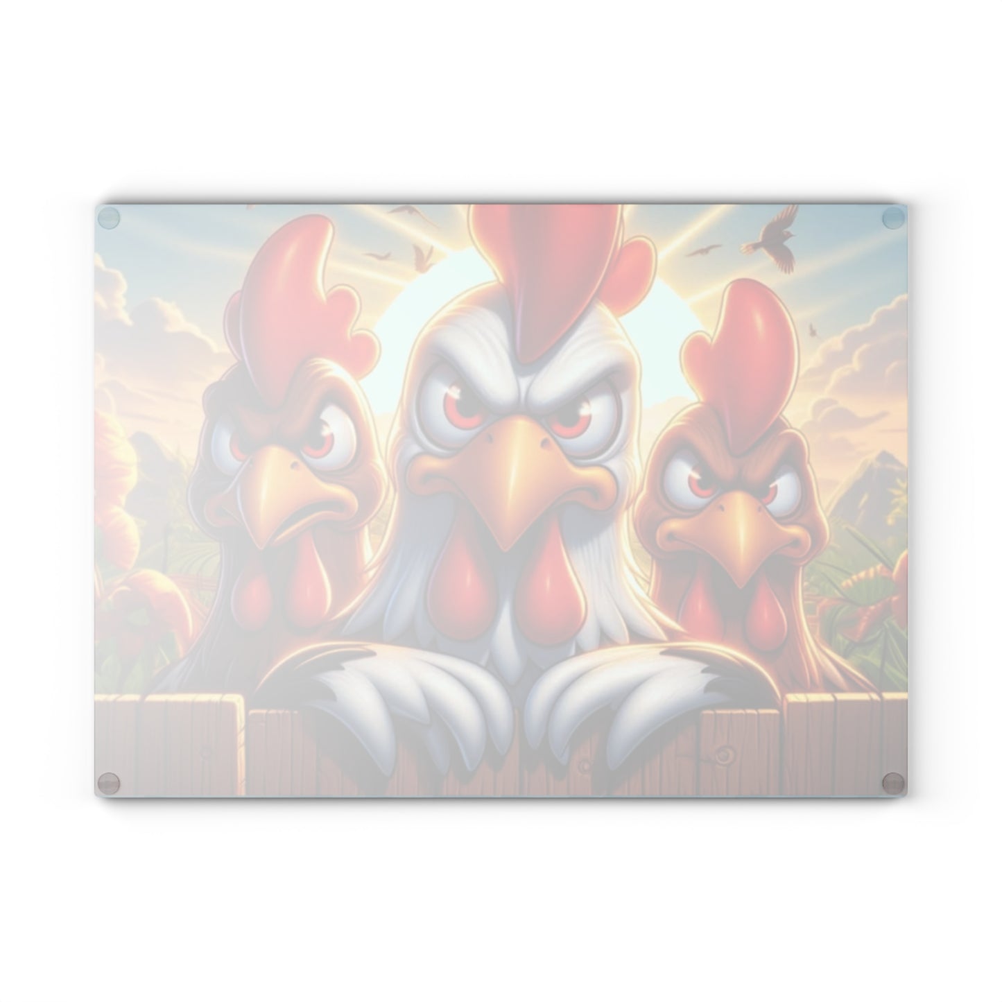 🐔 Three Angry Chickens Glass Cutting Board – Funny Farmhouse Kitchen Decor