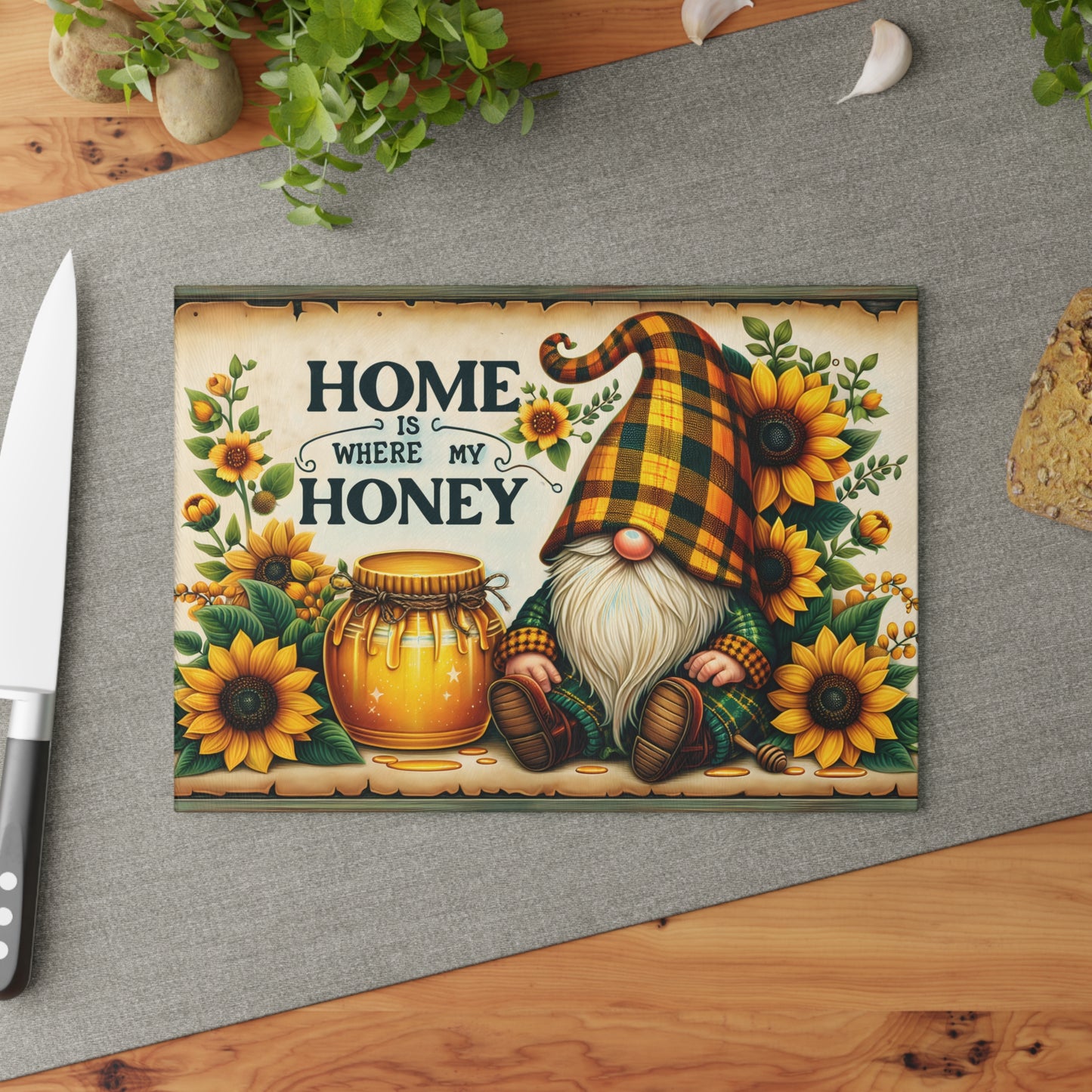 🌻🍯 “Home Is Where My Honey” Sunflower Gnome Cutting Board – Warm Country Charm for Your Kitchen