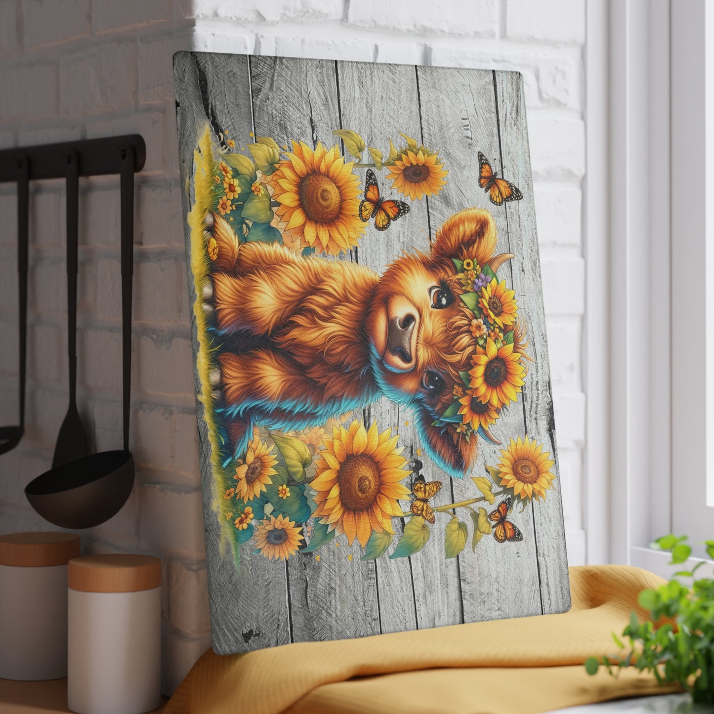 Highland Cow with Sunflowers & Butterflies – Rustic Floral Glass Cutting Board