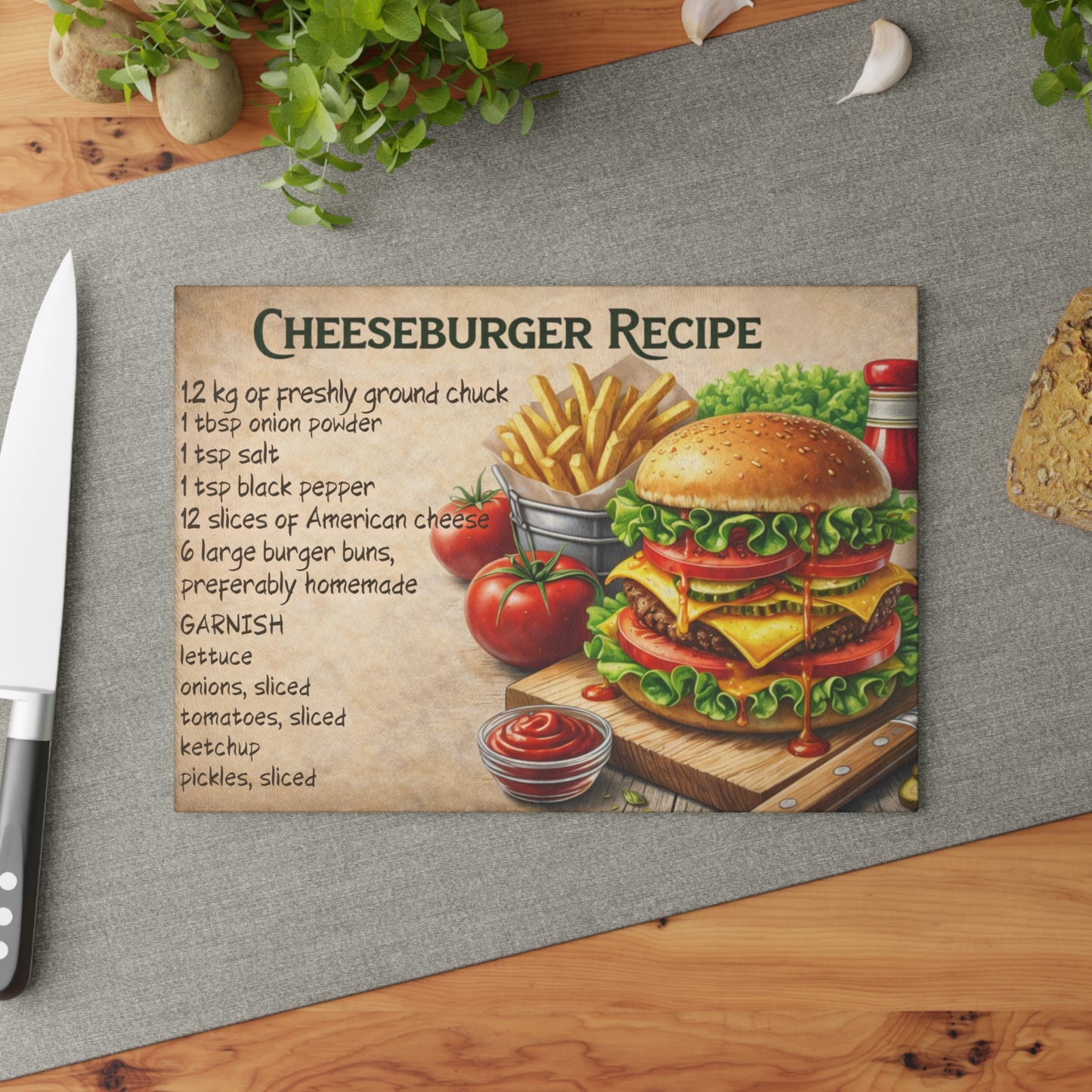 Cheeseburger Recipe Glass Cutting Board – Classic Burger Kitchen Art