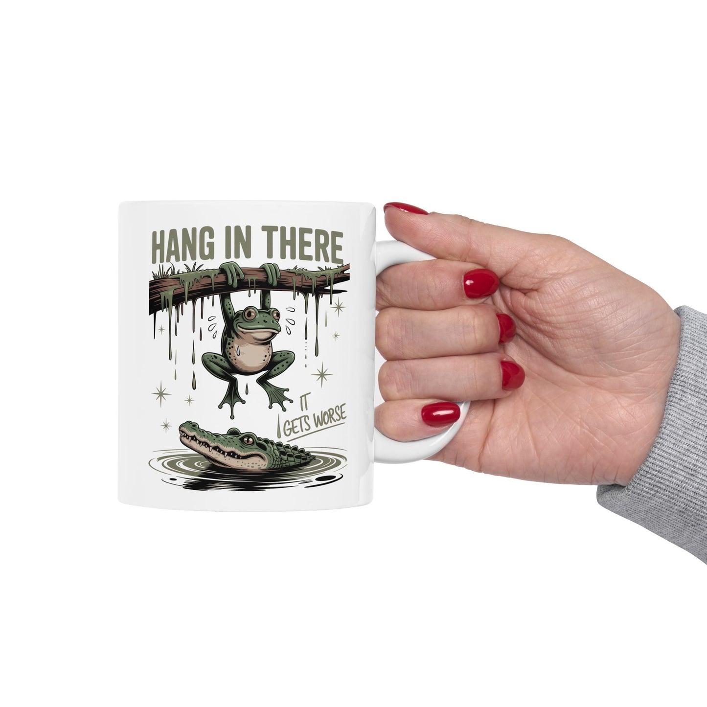 🐸 Hang in There Funny Frog Mug – Dark Humor with a Splash of Sass 🐊