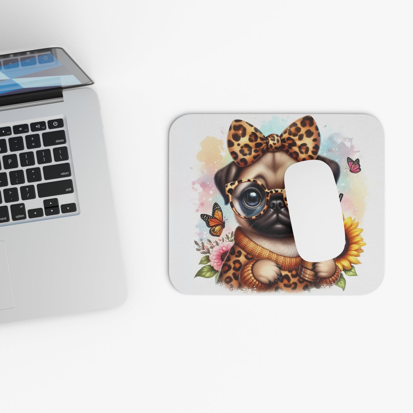 🖱️🐶🧋 Leopard Chic Pug Mouse Pad – Glasses, Bow & Iced Coffee