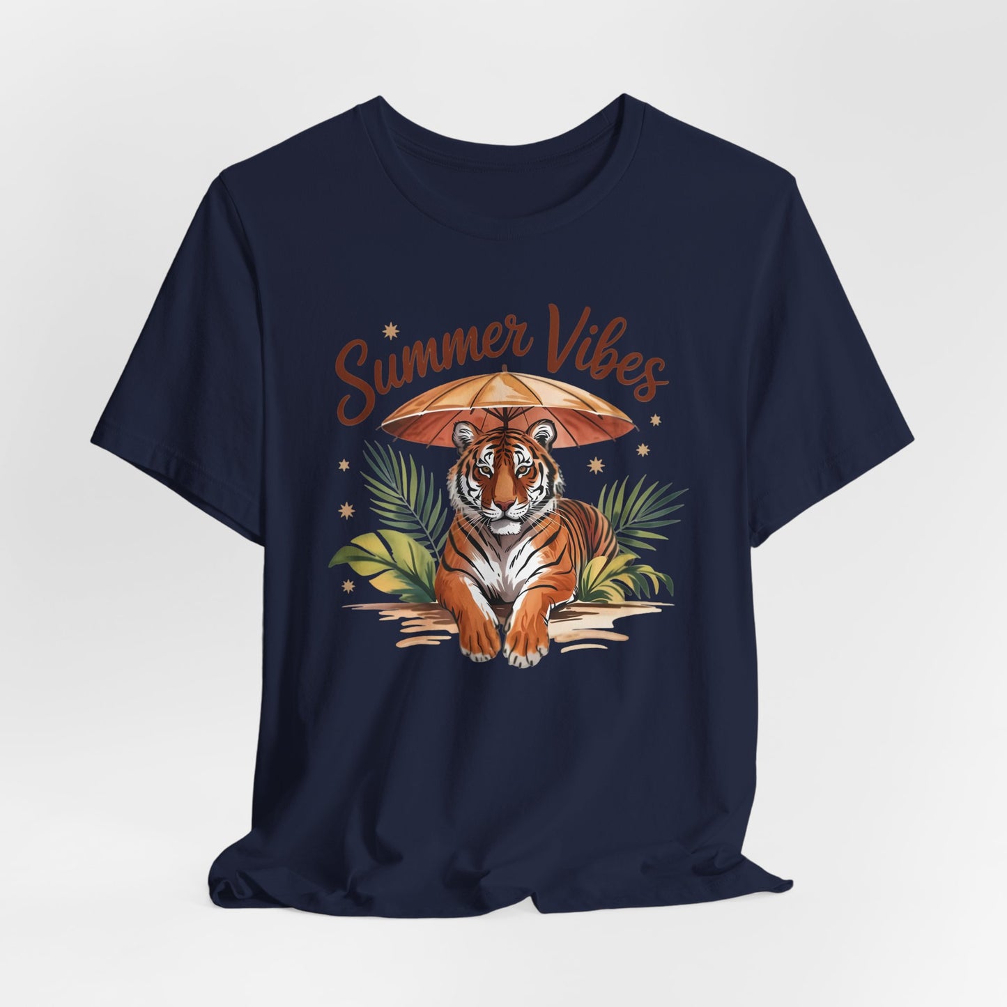 Camiseta Summer Vibes Tiger – Gráfico de palmeras de la selva con paraguas | Múltiples opciones de color