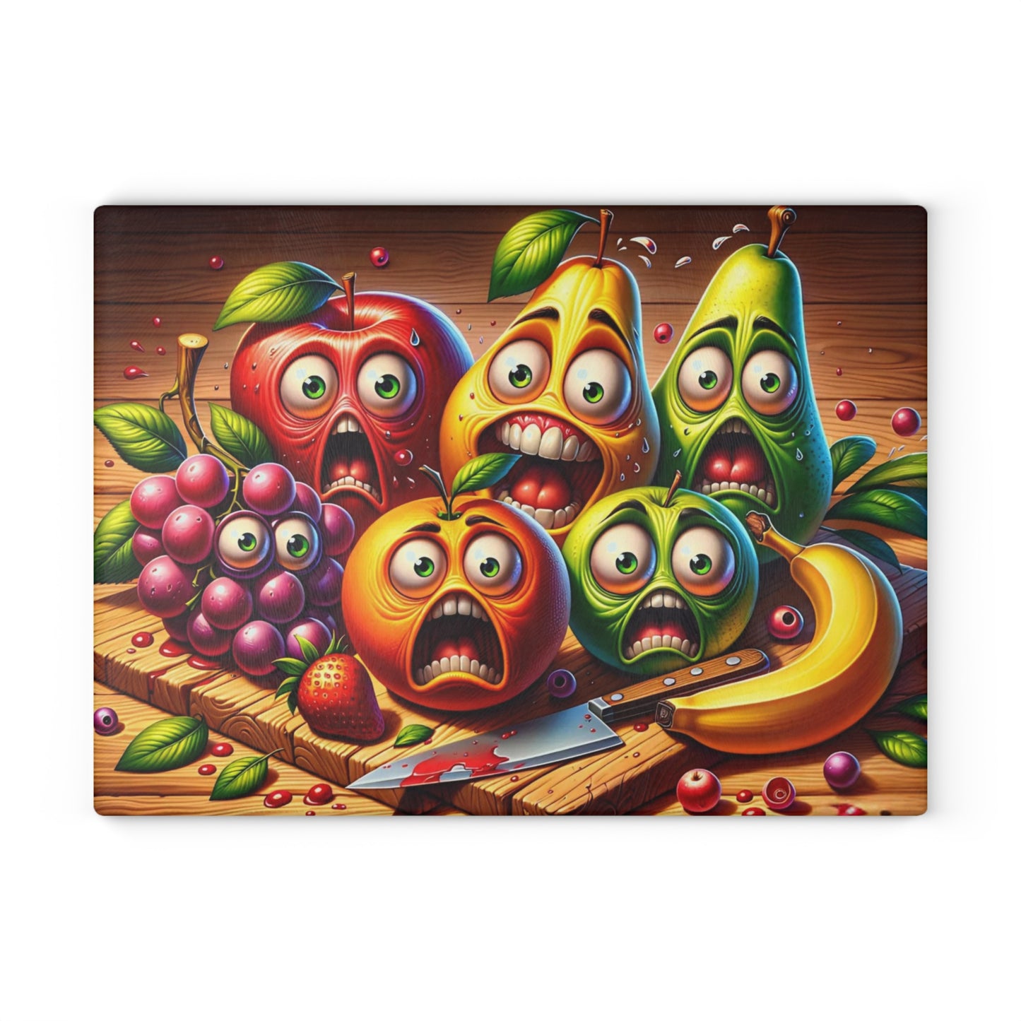 🍎🍐🍌😂 “Fruit Squad Panic” Glass Cutting Board – Silly Kitchen Laughs